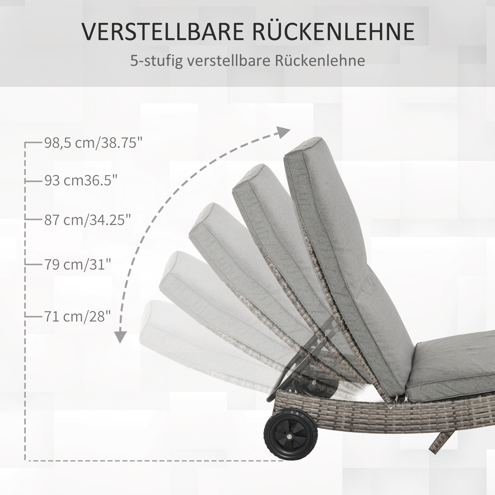 Polyrattan Sonnenliege Gartenliege mit Kissen 5-stufig verstellbar Rattanliege Gartenmöbel Liege S-Form Metall Grau 207 x 70 x 70 cm