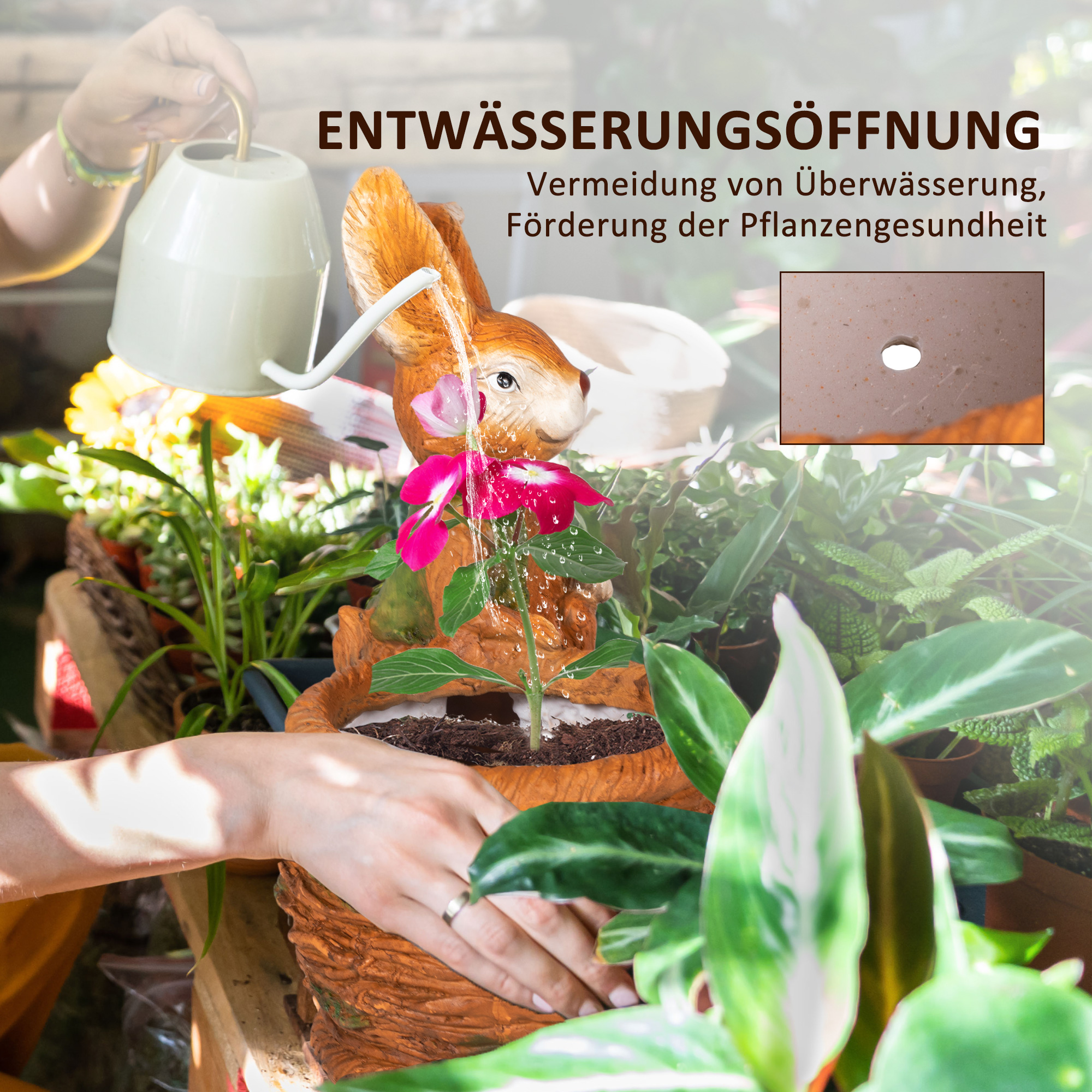 Blumentopf, Hase mit Weidenkorb, wetterfest, 45x27x50cm, Braun