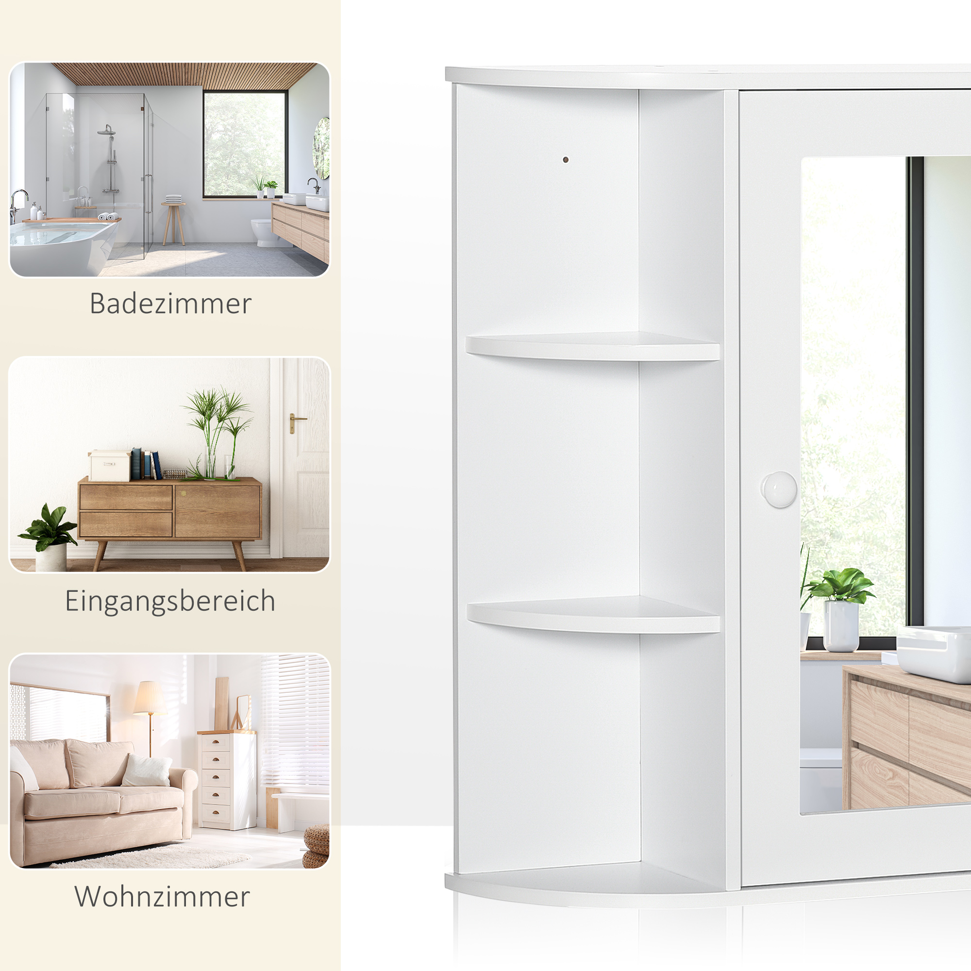 Spiegelschrank Badschrank Badezimmerschrank, 8 Fächer, Spiegeltüren, wasserbeständig, 66 cm x 17 cm x 63 cm, Weiß