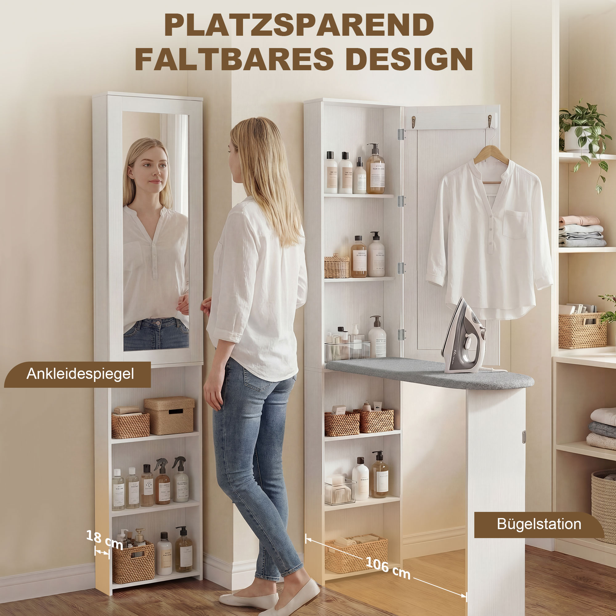 Faltbar Bügelbrettschrank mit Tür internen Regalen Spiegel Platzsparend Bügeltisch für Wäschepflege 106x35x174 cm Weiß