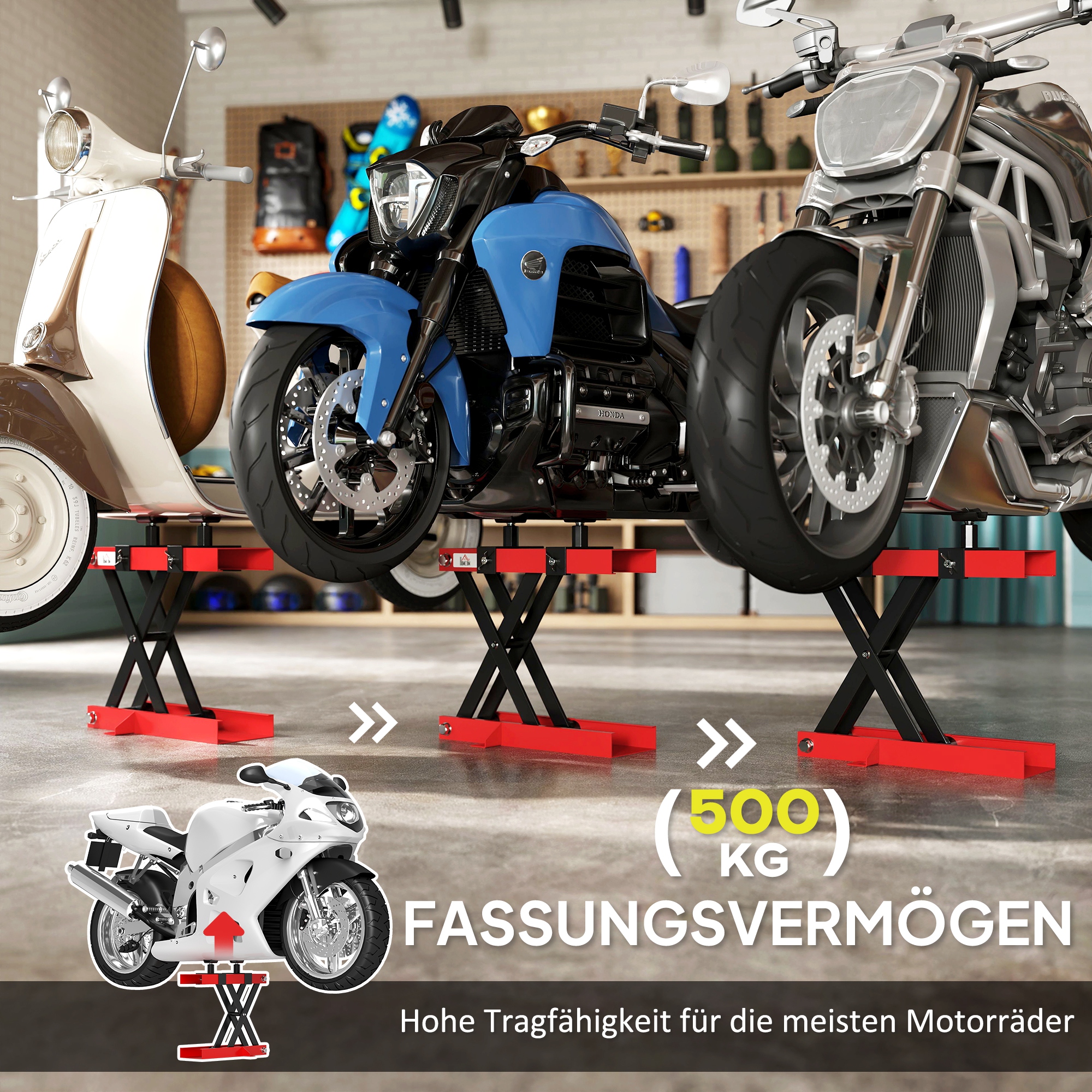Motorradheber 500 kg Belastbar Motorradhebebühne 95-400 mm Höhenverstellbar 45 x 15 x 9,5-40 cm Rot