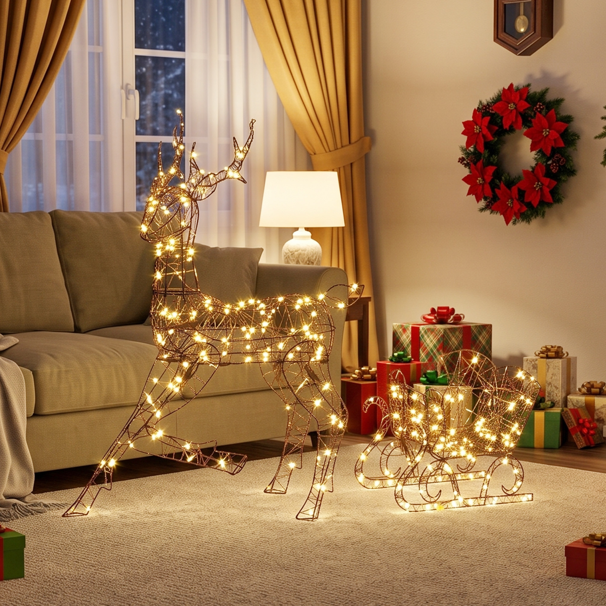 beleuchtetes Rentier- und Schlitten-Set, 2-teilige Weihnachtsdeko aus Polyrattan für außen, mit LEDs, 8 Modi, Timer