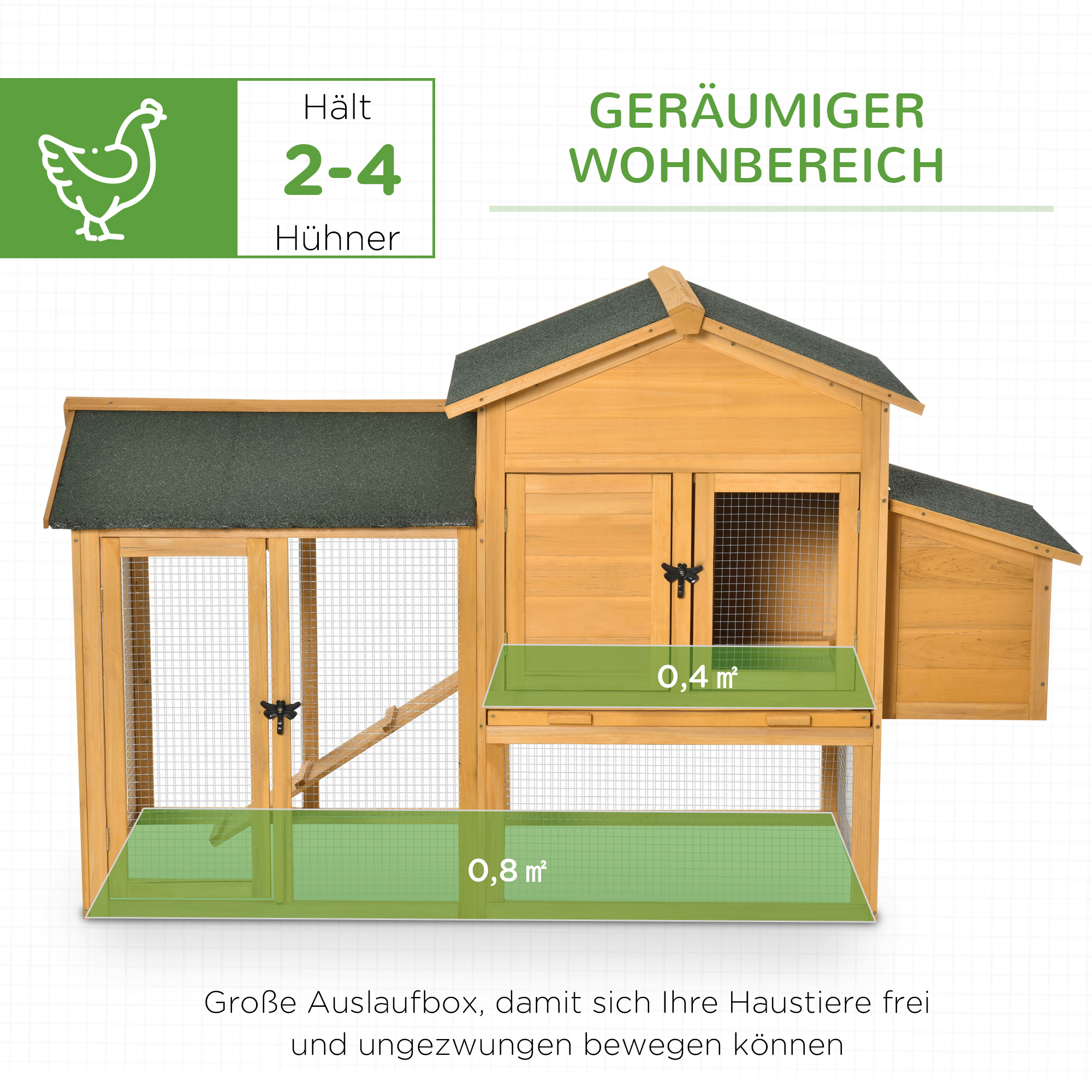 Zwerghühnerstall mit Freilauf und Brutkasten Wetterbeständig versiegeltes Tannenholz, Asphaltdach Gelb+Grün