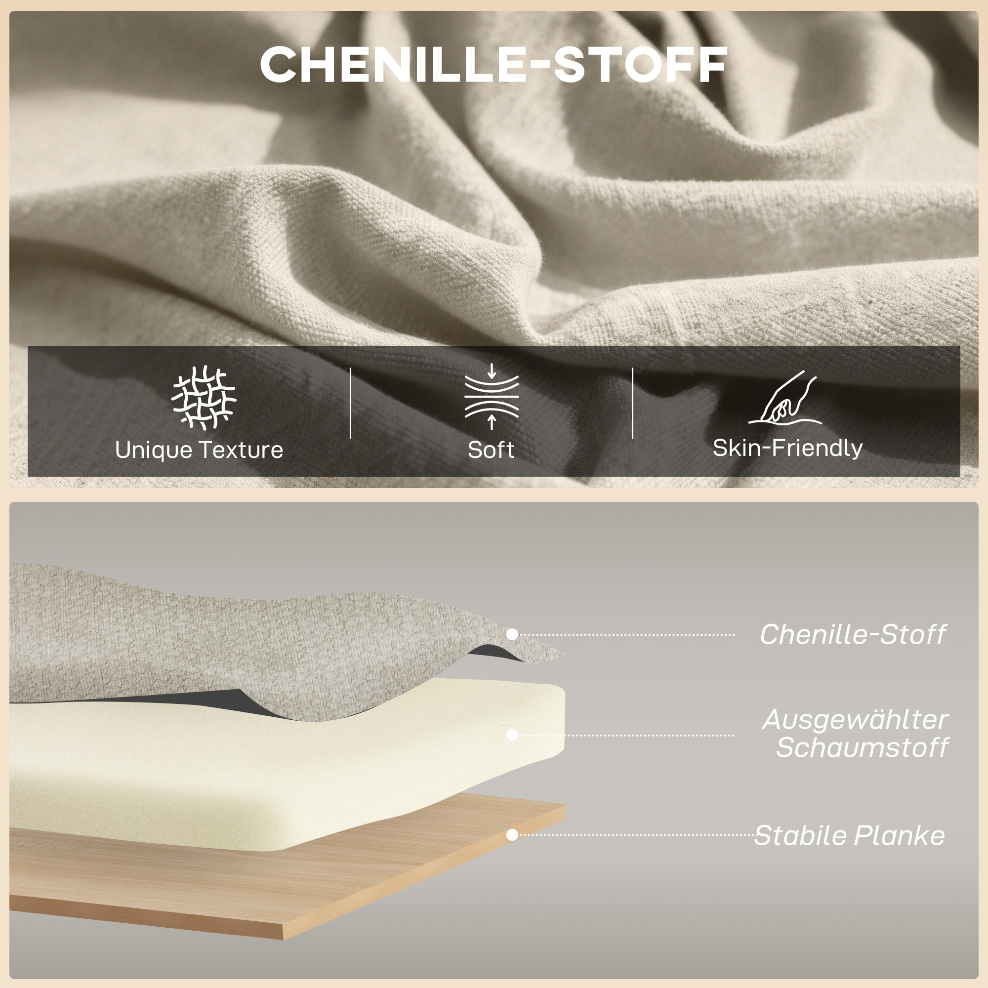 2-Sitzer-Sofa, kleines Chenille-Sofa mit Flügelrücken, dickem Sitz, Gummibaumholzfüßen, Beige