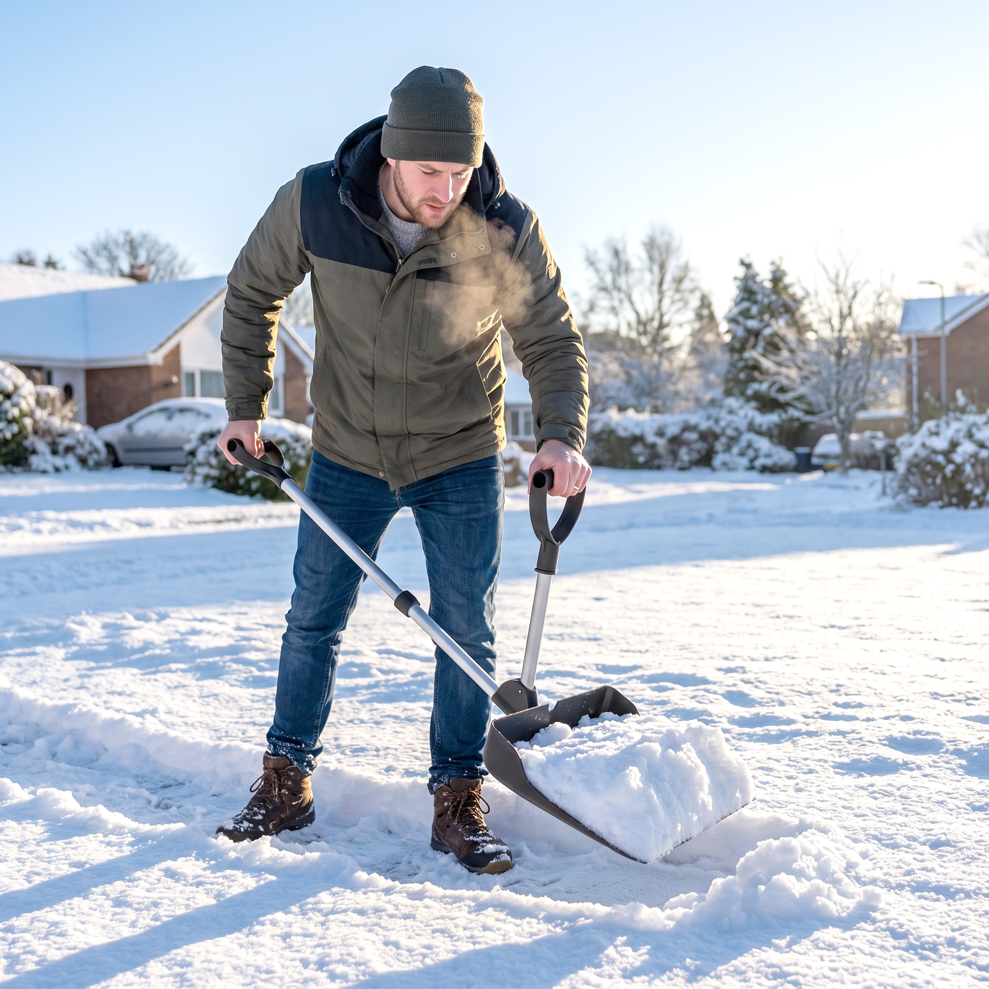 Schneeschieber 45 cm breit Kusnstoff Schneeschaufel mit Ergonomischer Zusatzgriff, Schneeräumer mit Alustiel Metallkante
