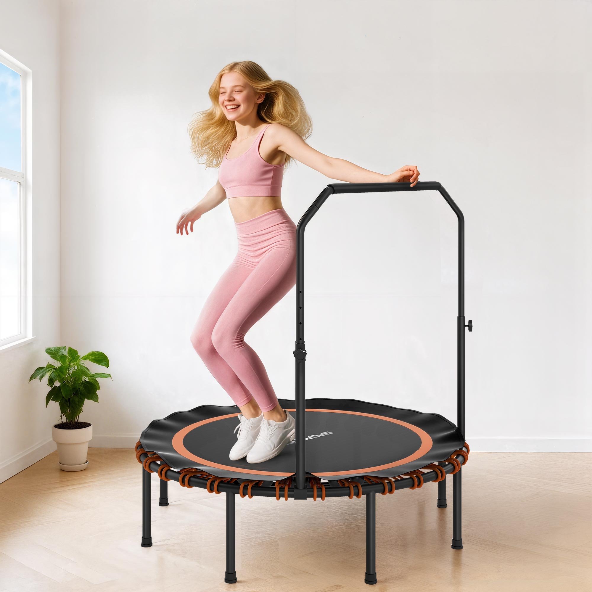 Fitness-Trampolin mit verstellbarem Handlauf, Sport-Trampolin für drinnen und draußen, Stahl, Kunststoff, Orange