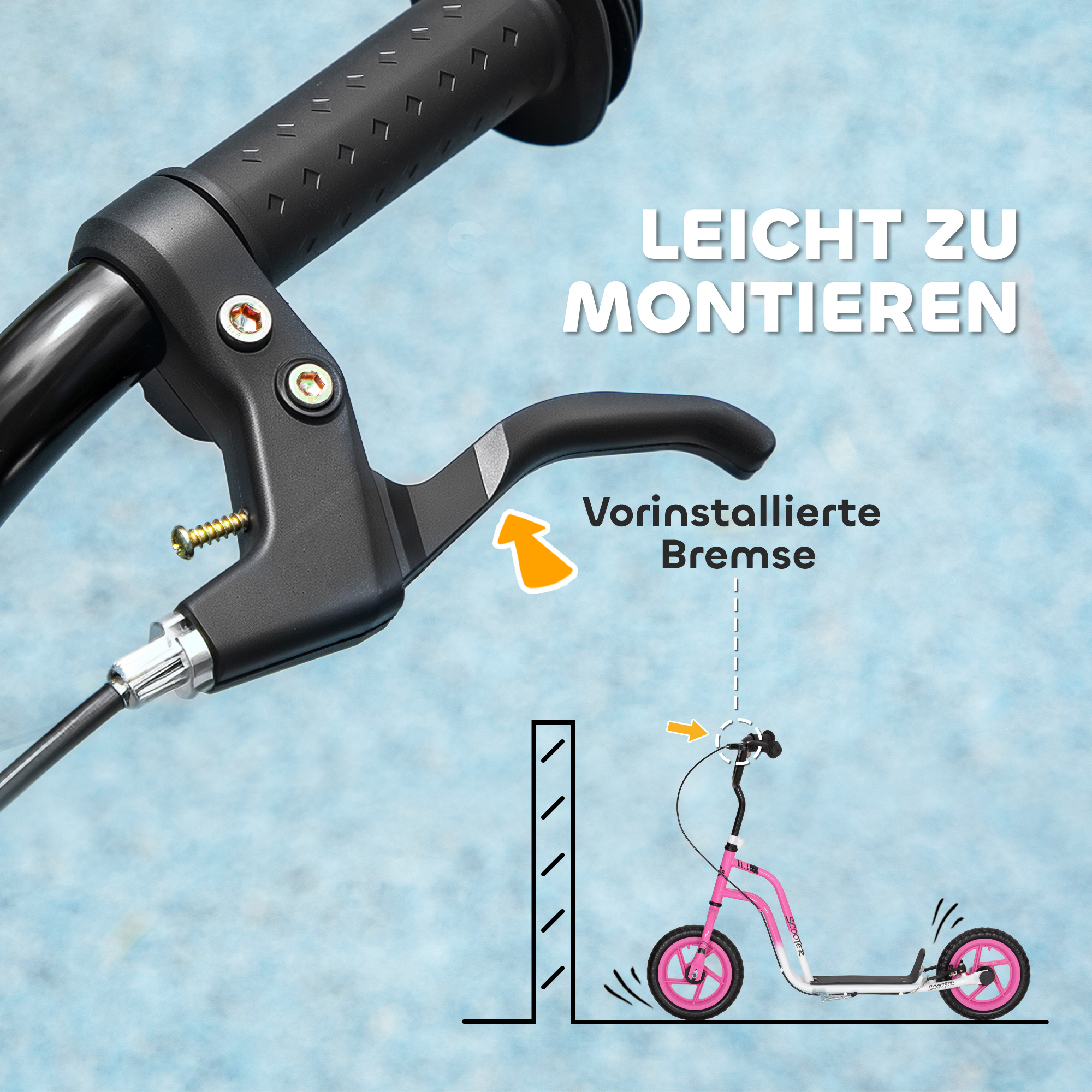 Kinderroller mit verstellbarem Lenker, große Räder, Parkständer, Handbremse, für Kinder im Alter von 5-12 Jahren, Rosa