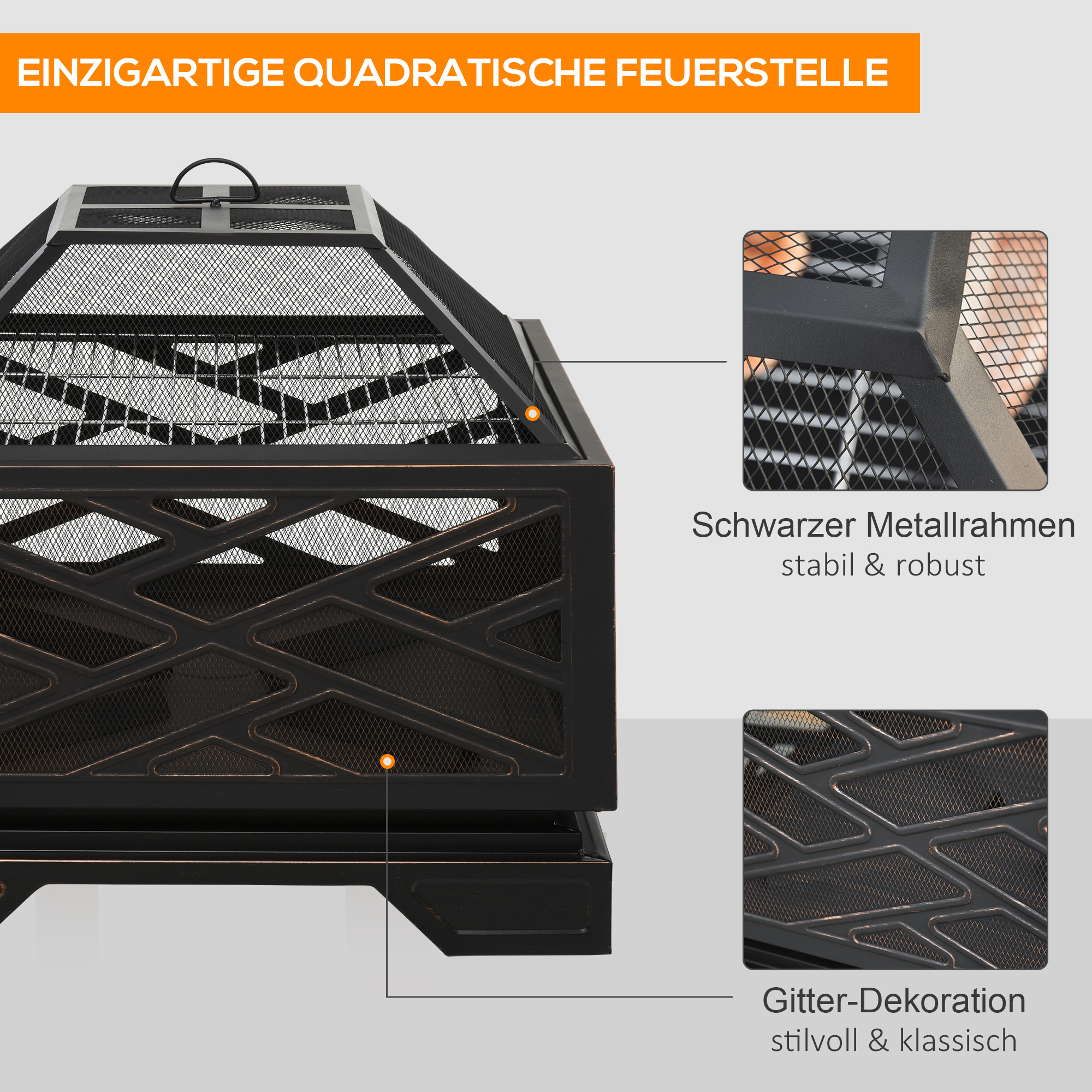 Feuerschale mit Funkenschutz, Grillrost, Schürhaken, quadratisch, Stahlgehäuse, schwarz, 66 x 66 cm