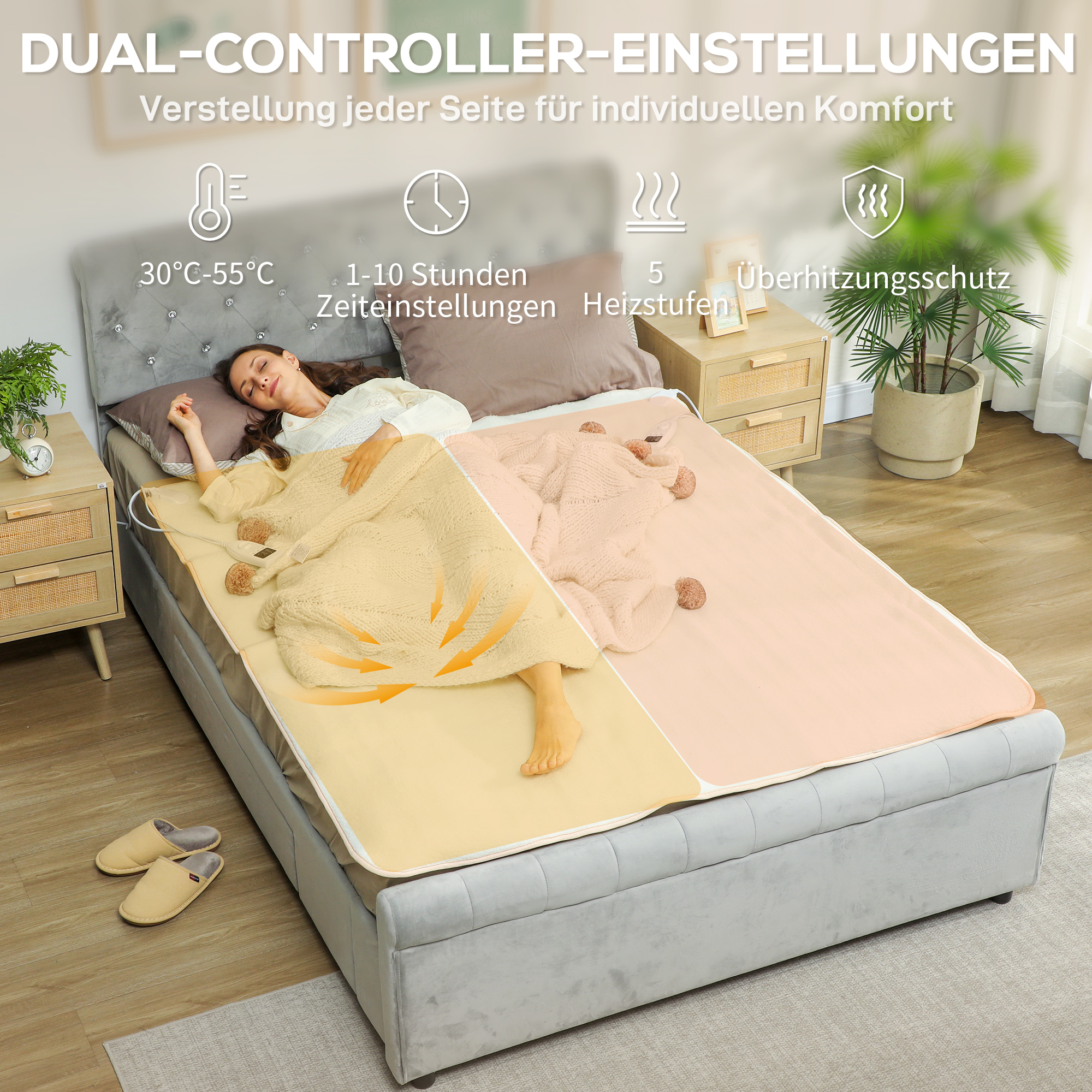 Heizdecke mit Dualzonensteuerung 160 x 140 cm maschinenwaschbar mit 5 Heizstufen, 10 Stunden Timer, Überhitzungsschutz