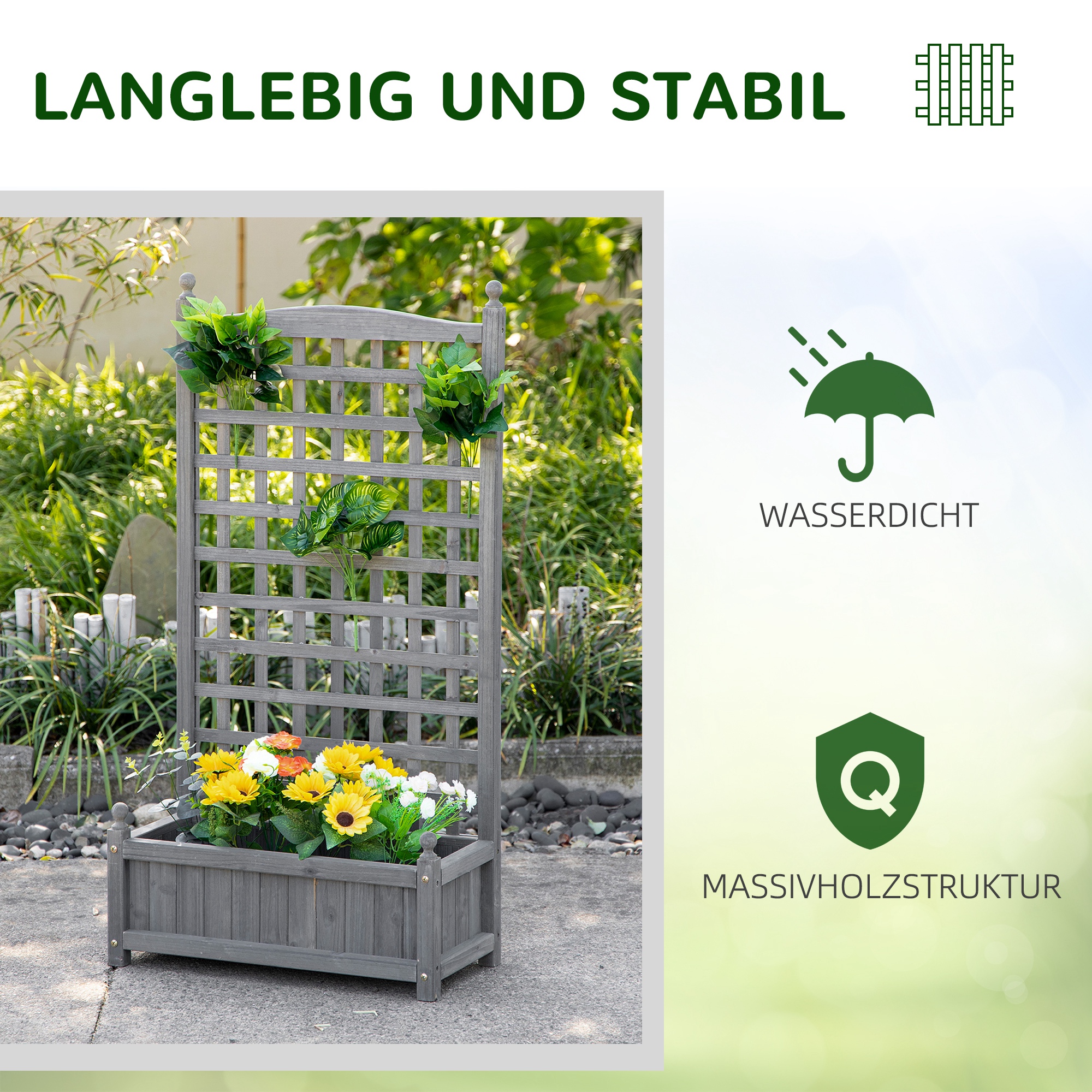 Hochbeet Pflanzkasten mit Rankgitter Blumenkasten Rankkasten Rosenbogen mit  Rankhilfe für Kletterpflanzen Garten Holz Grau 64 x 28 x 120 cm