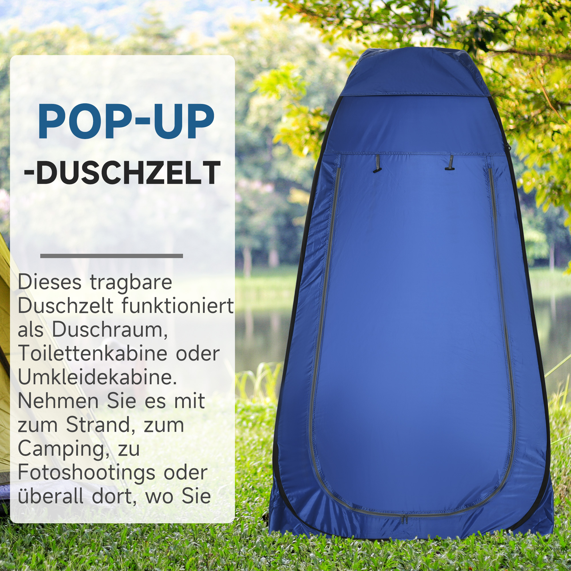 Pop-up toilettent, mobiele campingdouchetent, omkleedtent met binnenvak, douchecabine, kleedcabine, waterproof, polyester, donkerblauw, 120 x 120 x 190 cm