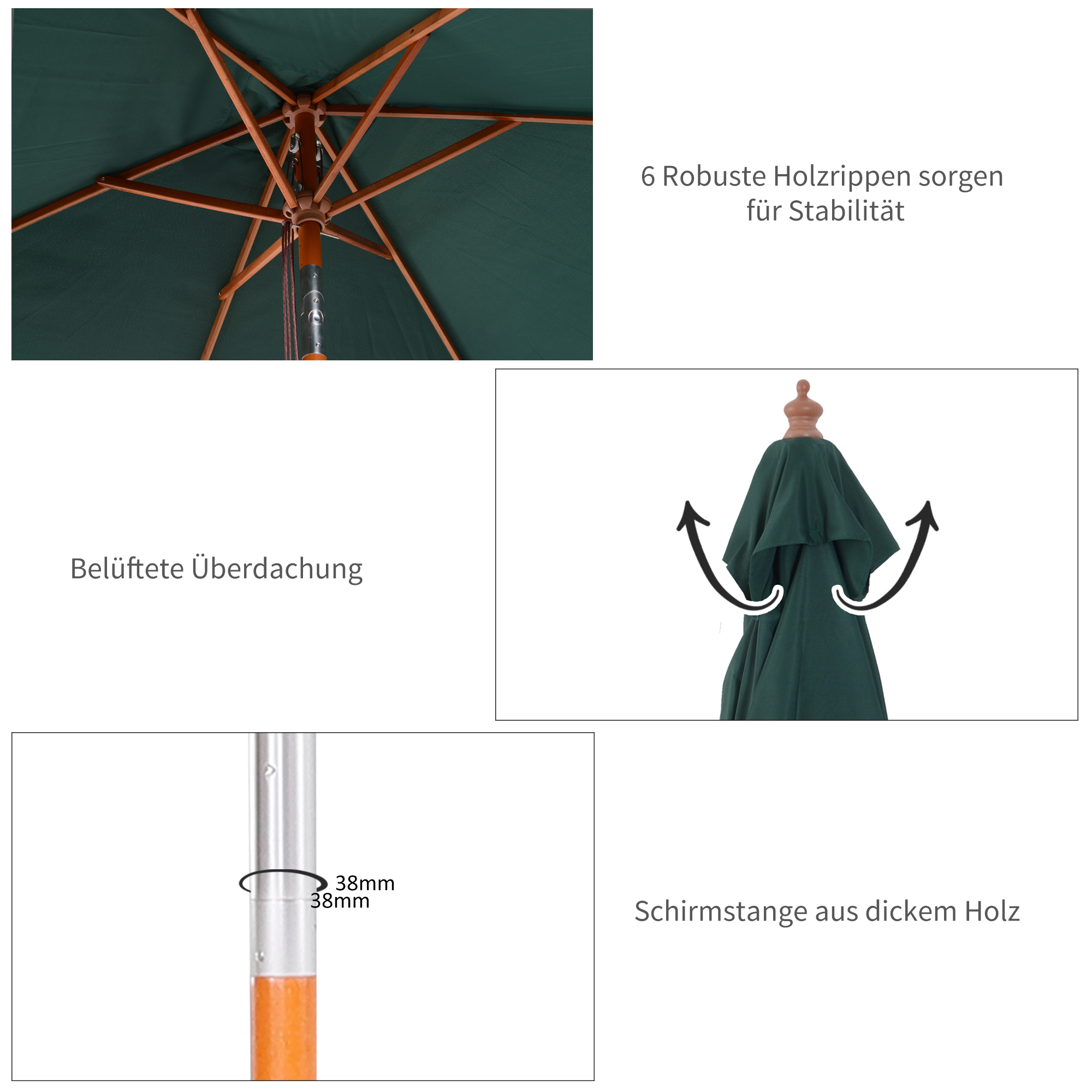 Sonnenschirm 200 x 150 x 235 cm Knickbarer Gartenschirm 3-stufig einstellbar rechteckig Strandschirm wasserabweisend und UV-beständig für Strand Balkon Terrasse Garten Grün