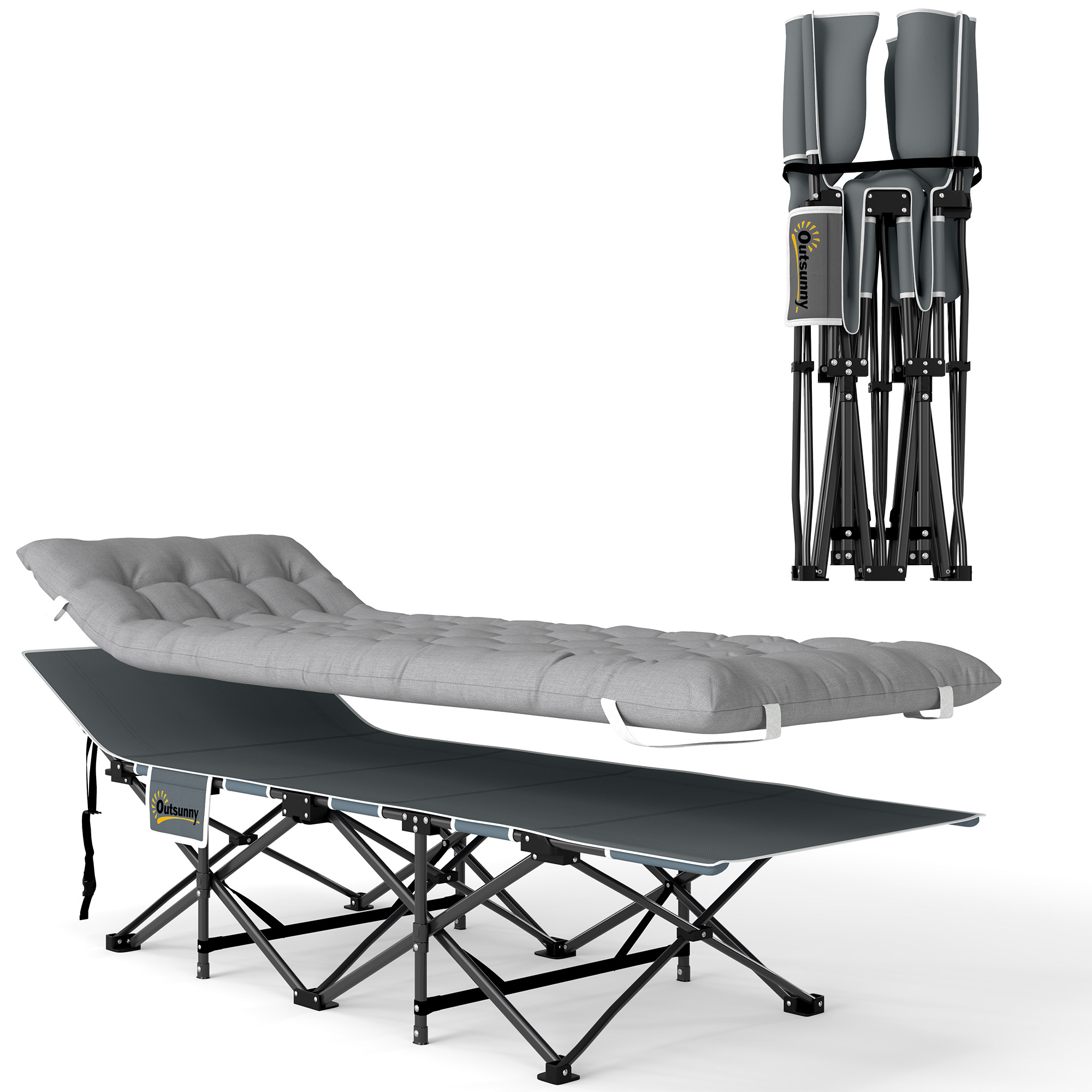 Feldbett faltbar Campingbett mit Matratze Kopfkissen Seitentasche 185 x 68 x 37 cm bis 150 kg Hellgrau