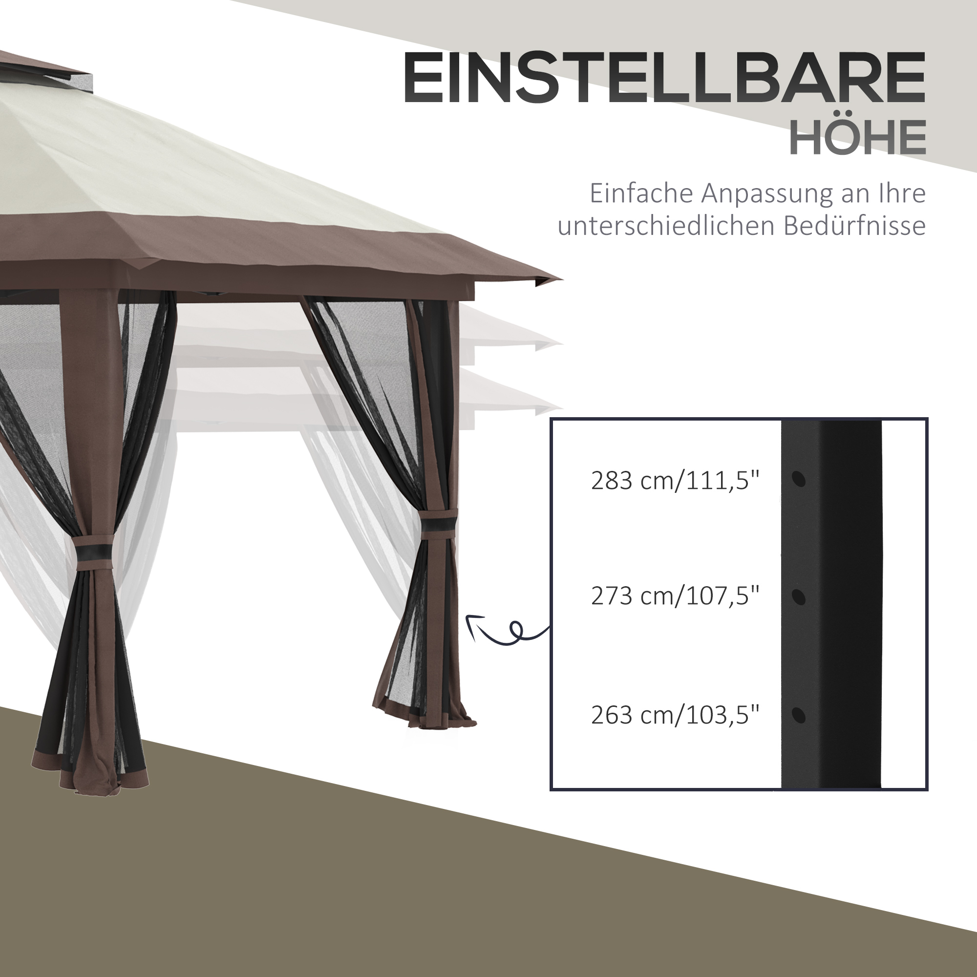 Faltpavillon, höhenverstellbar, 4 Netzwände, Lüftungsdach, Tragetasche, Schnellaufbau, 4 x 4 x 3 m, Beige