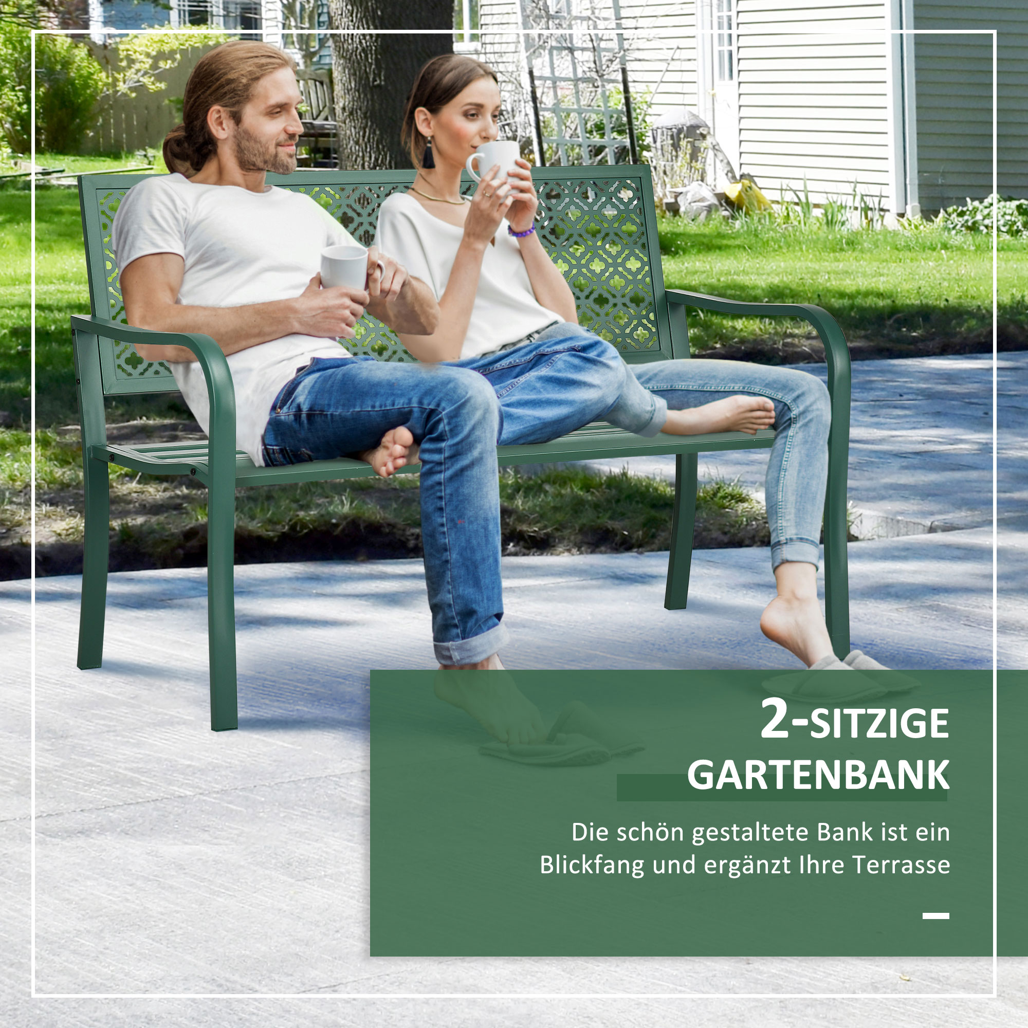 Gartenbank aus Metall, 2-Sitzer, wetterbeständig, 127 cm x 63 cm x 83 cm, Grün