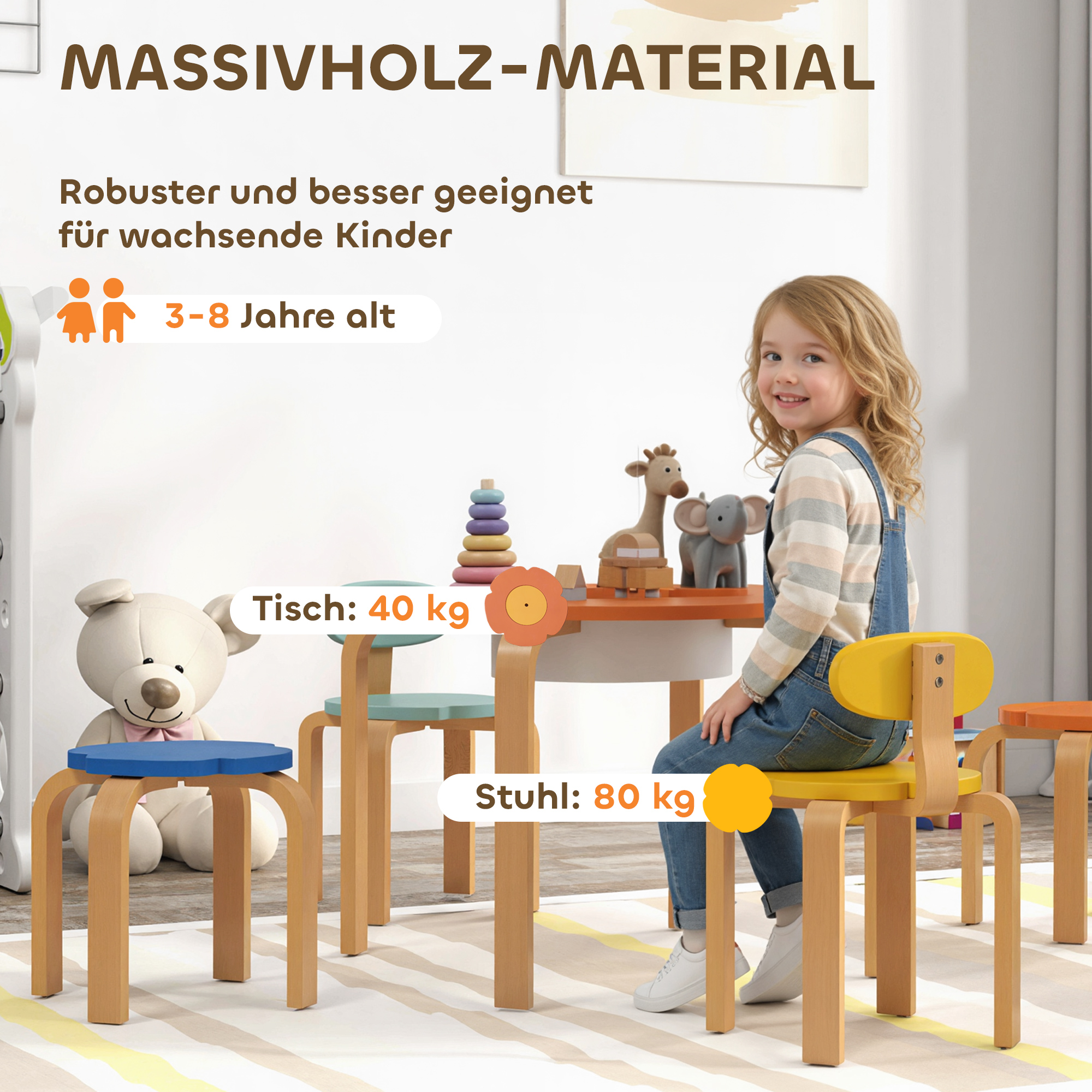 5-teiliges Kindertisch- und Stuhl-Set, mit Aufbewahrungstasche, Blumenform, für Spielzimmer, Kinderzimmer, Holz, Bunt