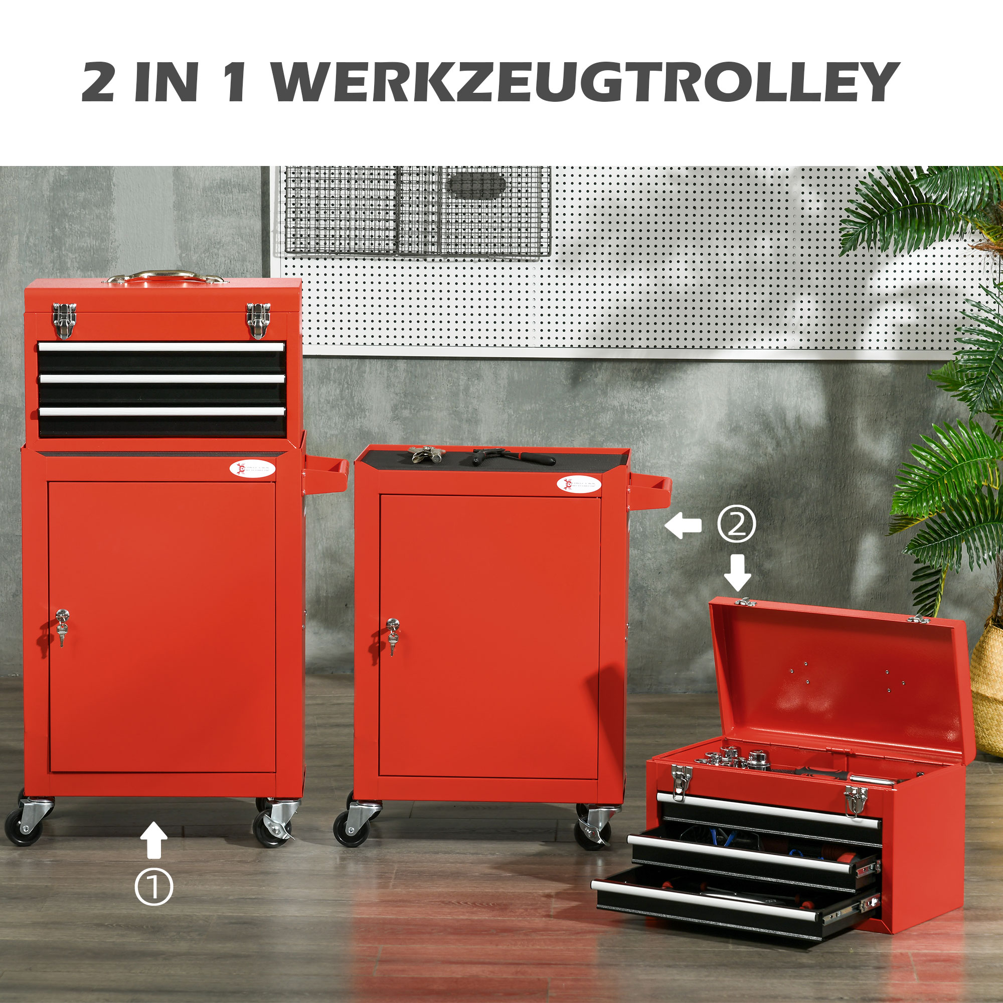2-in-1 Werkzeugwagen, mobil, 3 Schubladen, Werkzeugtafel, Stahlgehäuse, 46L x 28B x 94H cm, Rot