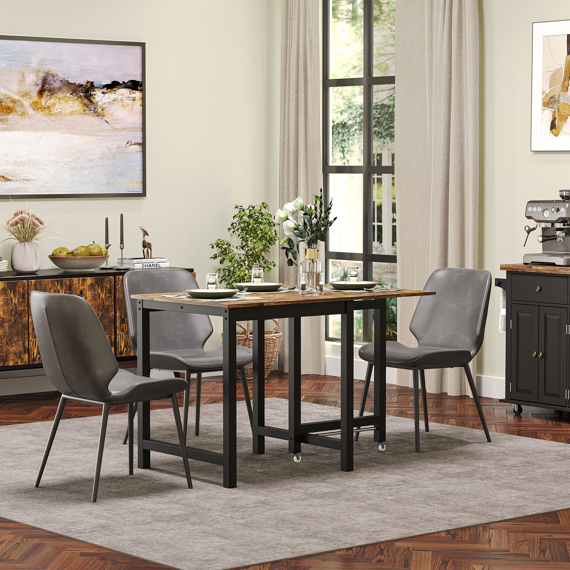 Faltbarer Esstisch, Industrieller Tisch, klappbar, aus Metall und Holz, platzsparend, Braun