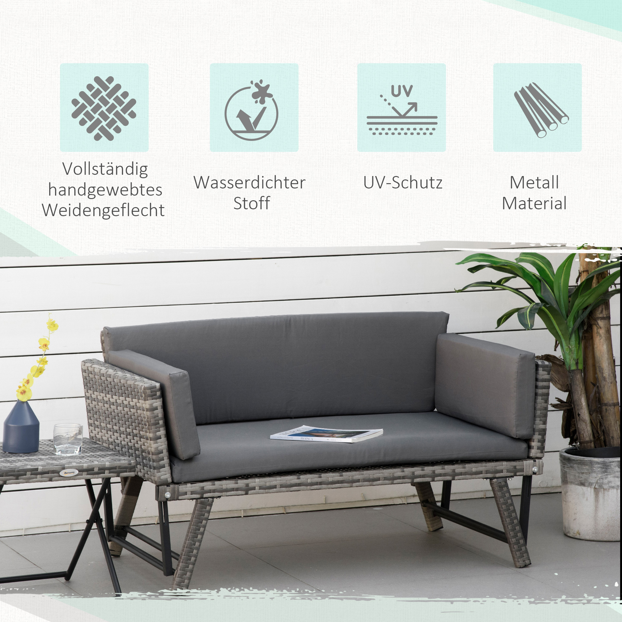 Polyrattan Gartensofa 2 Sitzer Gartenmöbel Loungesofa Gartenbank Gartenliege klappbar Armlehnen Stahl Grau 129 x 63 x 67 cm