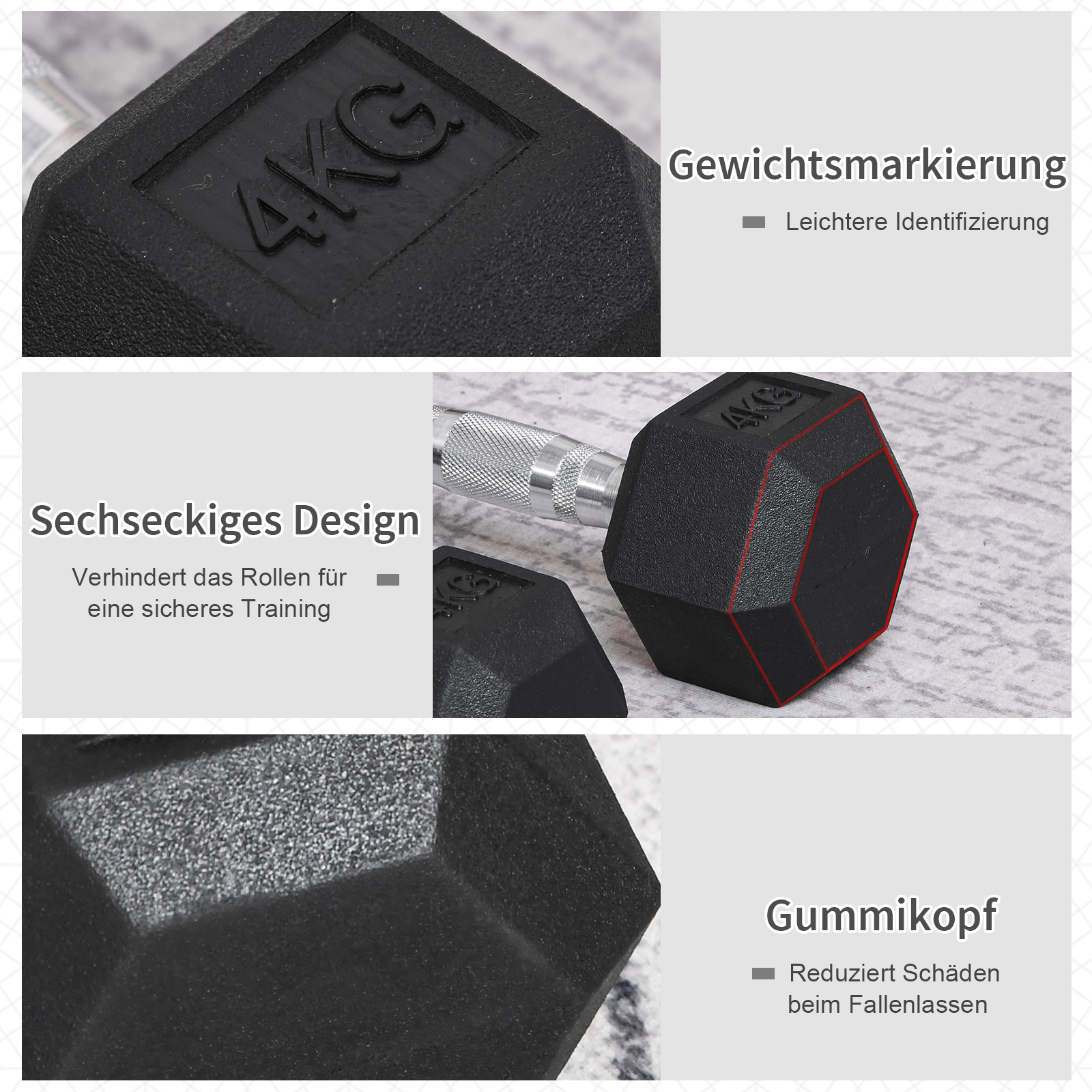 Hexagon Hanteln, 2er Set Hanteln mit gerändeltem Griff, Kurzhantelset aus Gusseisen, 2 x 4 kg, Kurzhanteln für Männer Frauen, Zuhause, Fitnessstudio, Krafttraining