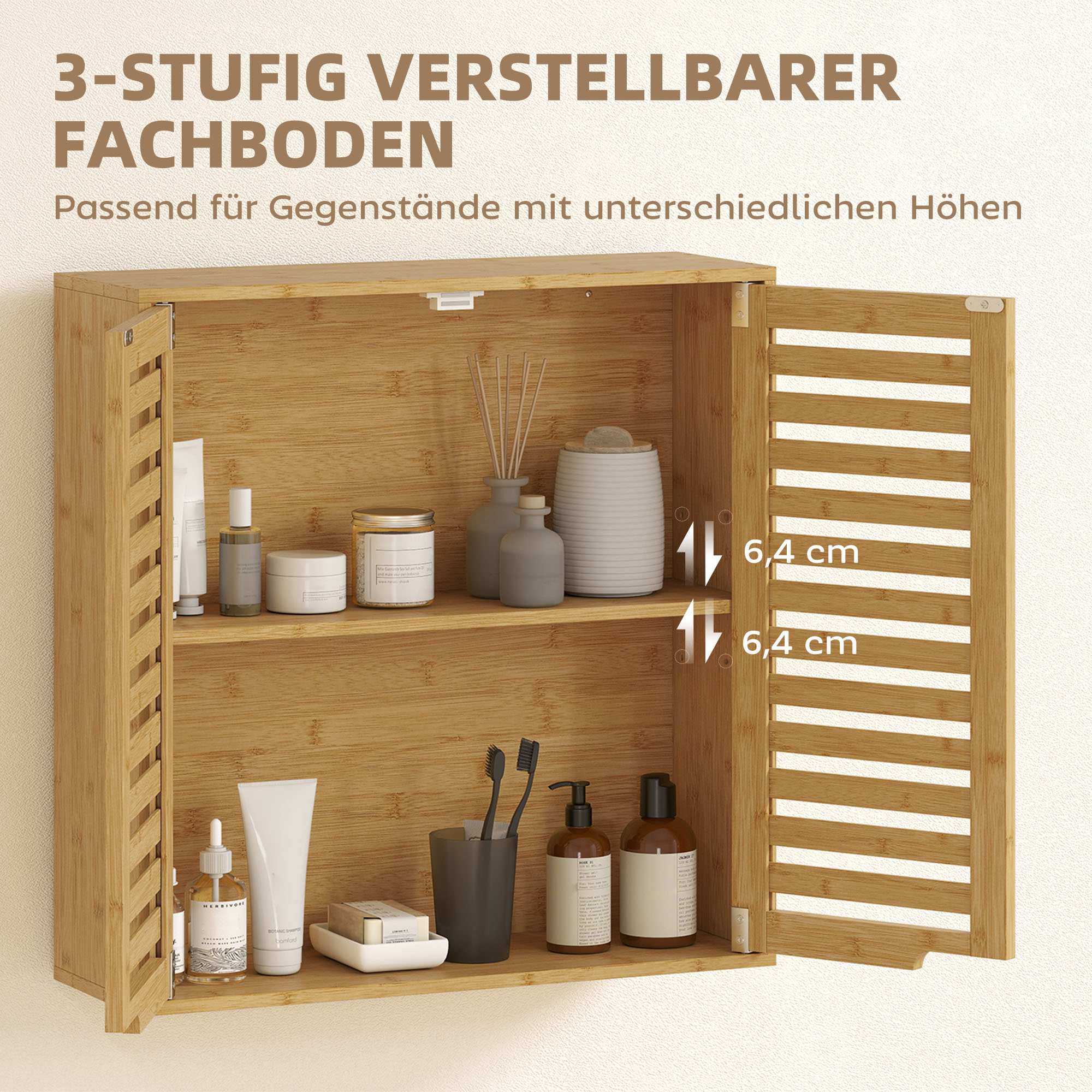 Badezimmerschrank Hängeschrank aus Bambus mit atmungsaktiv Lamellentüren, verstellbar Ablage 60 x 20 x 60 cm Naturholz