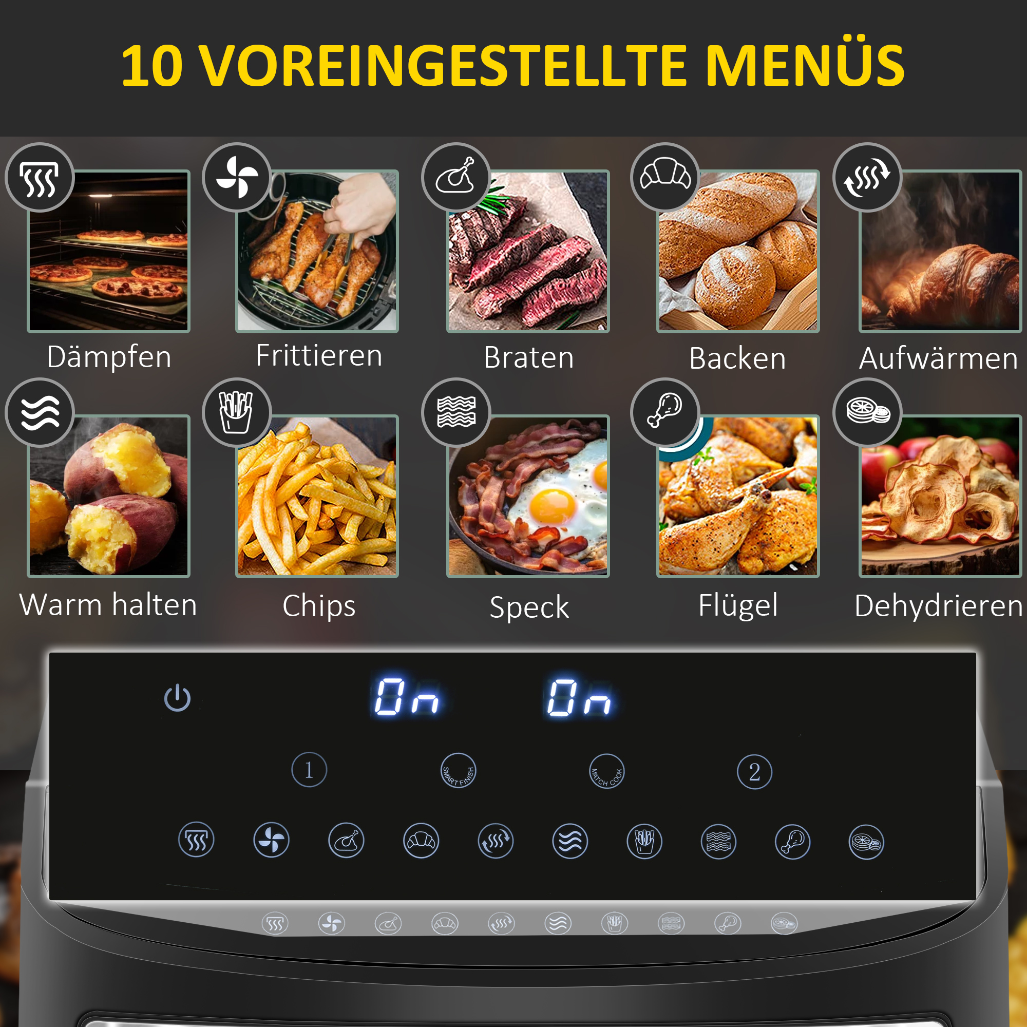 Heißluftfritteuse Multifunktionale Heißluftfritteuse,  8 L Fassungsvermögen, 2 Körbe, 60 min Time, Silber + Schwarz