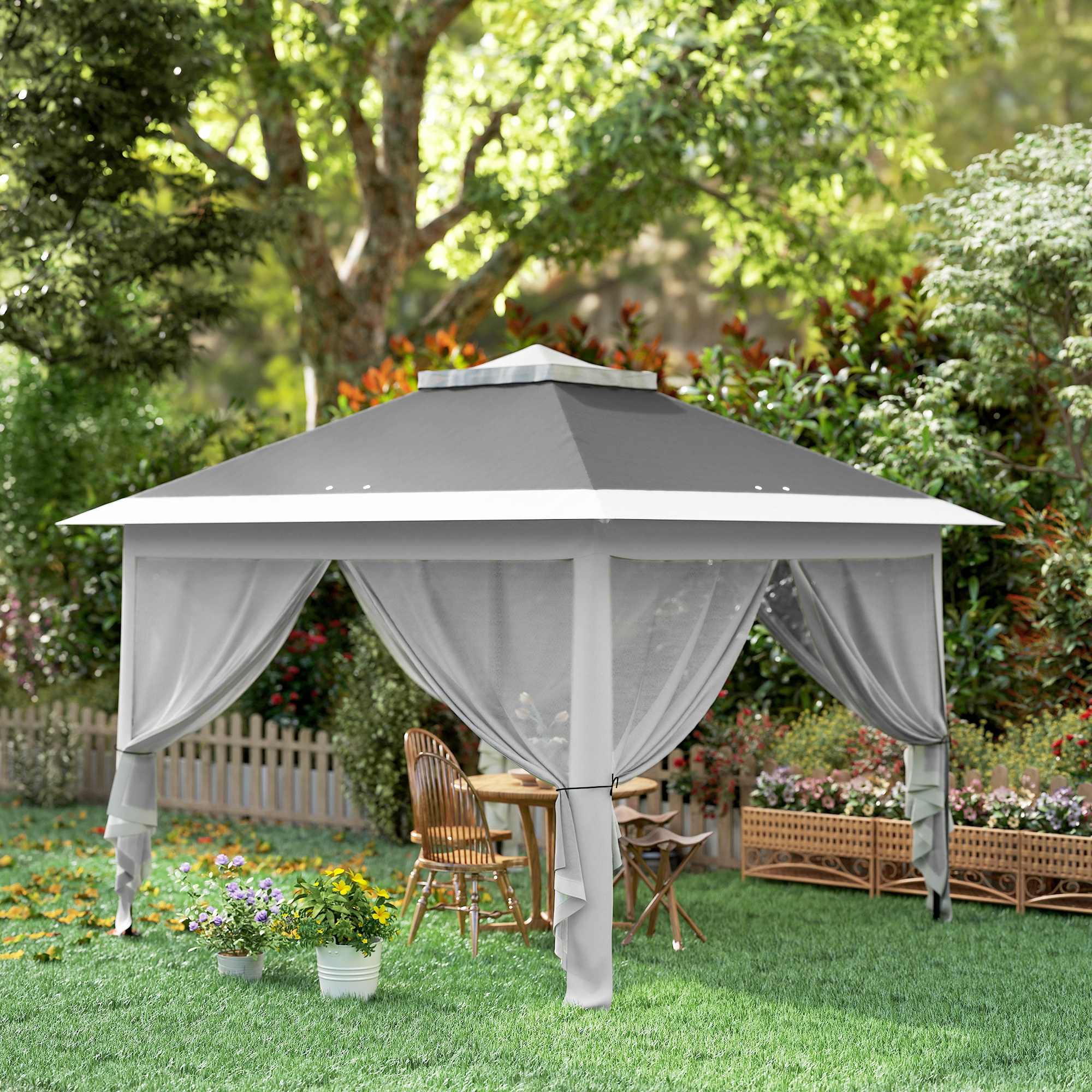 Faltpavillon, Gartenpavillon, Metall und Stoffplane, Netzvorhänge, Entwässerungslöcher, 330L x 330B x 288H cm, Grau
