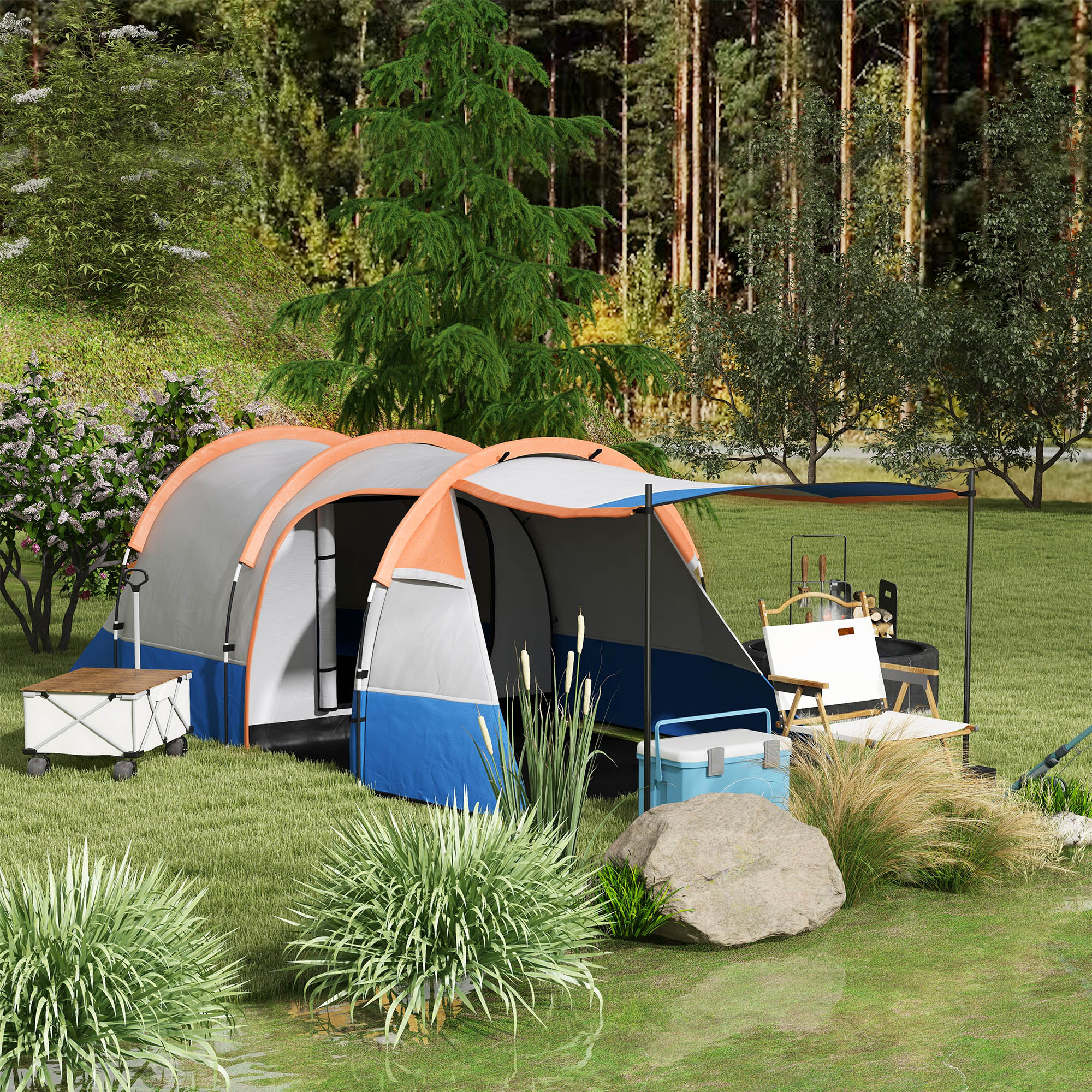 Campingzelt, für 3 Personen, Laternenhaken, drei Eingänge, wasserdicht, Orange