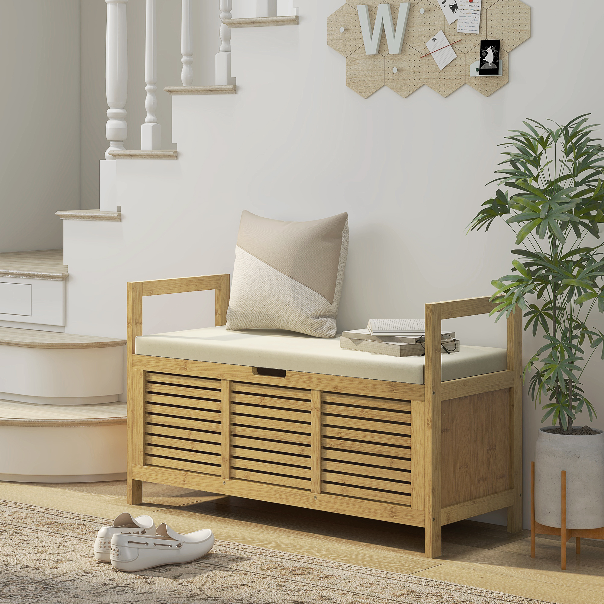 Schuhablage mit Stauraum, Schuhbank, weiche Sitzfläche, Bambus, 100x40x60 cm