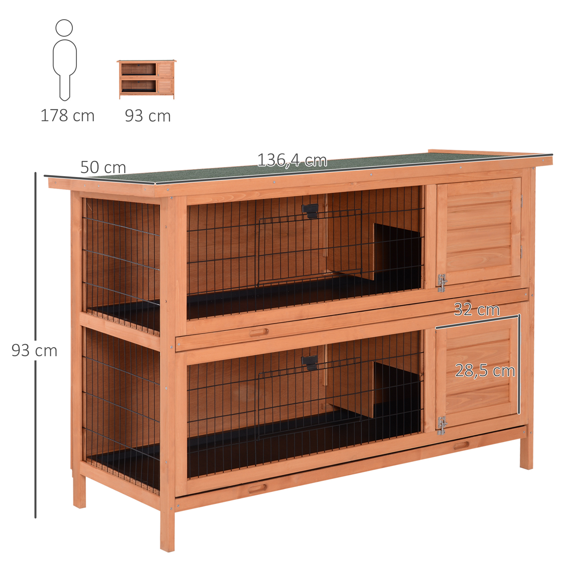 Hasenstall winterfest 2 Etagen Kaninchenstall Holz Bodenwanne Asphaltdach Türen 136,4 x 50 x 93 cm Orange