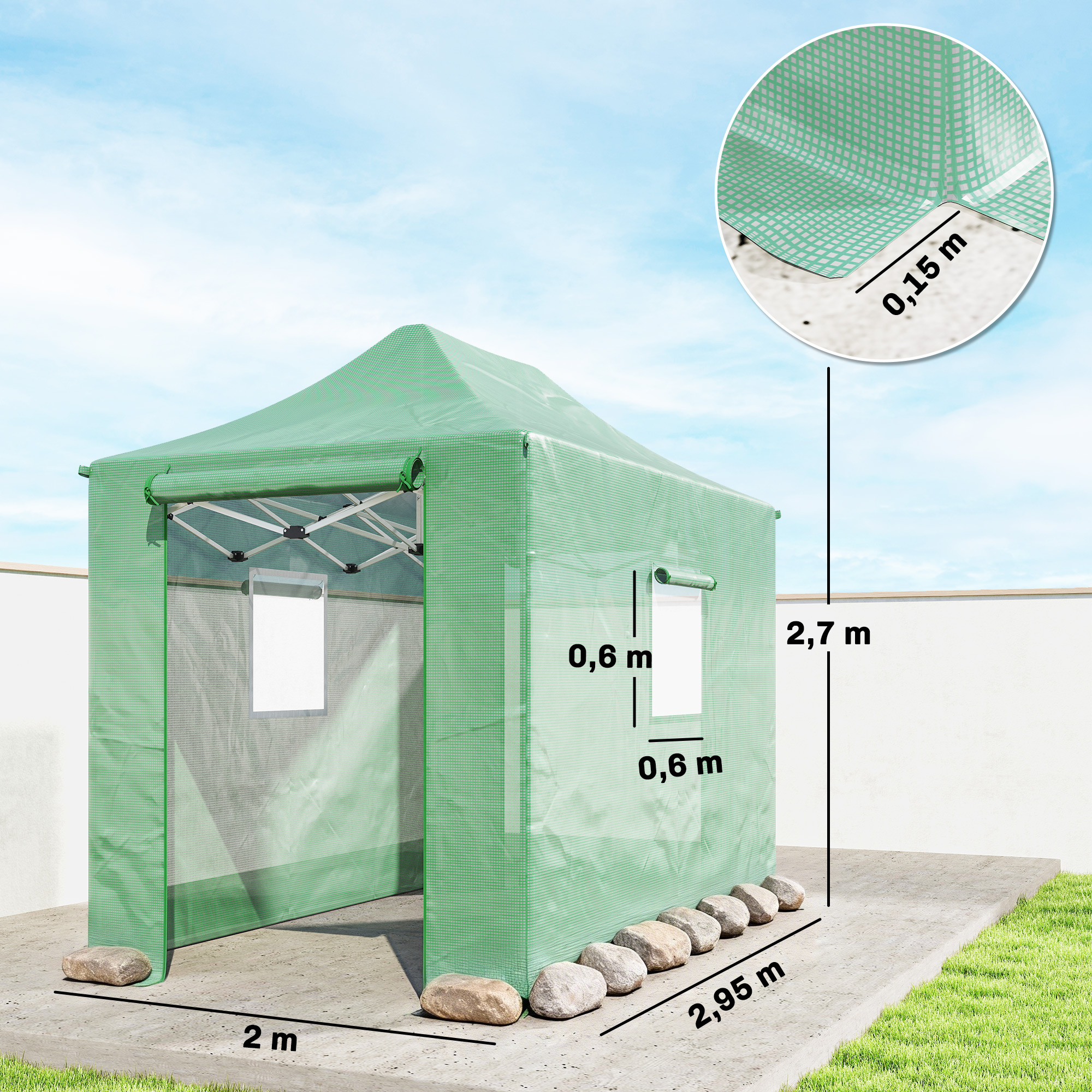 Pop Up Gewächshaus ca. 200x300x270 cm Faltbar Foliengewächshaus mit Satteldach Reißverschlusstüren und -fenstern