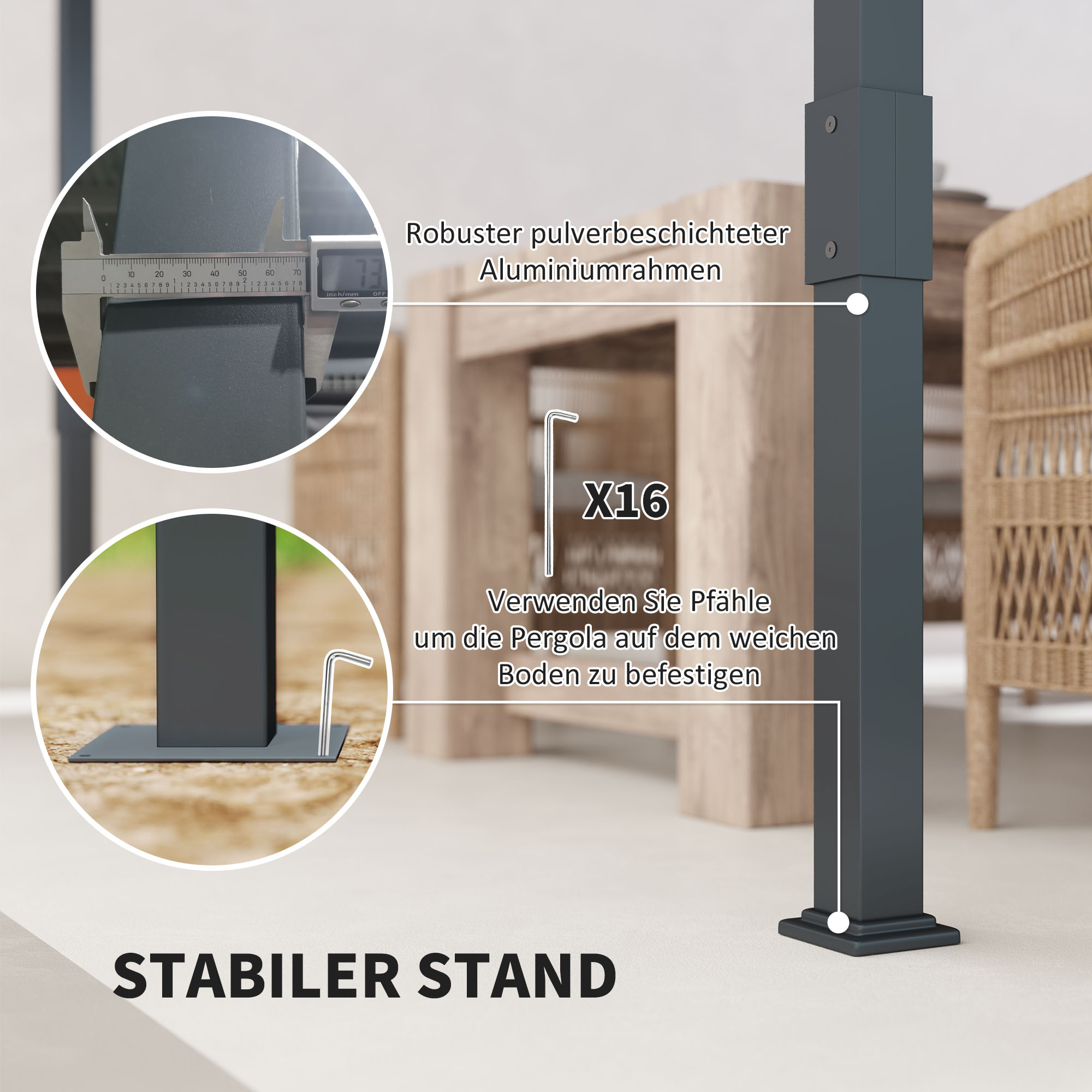 Pergola Pavillon ca. 3,5x3m Aluminium Stabil winterfest Sonnenschutz mit verstellbares Schiebedach Grau