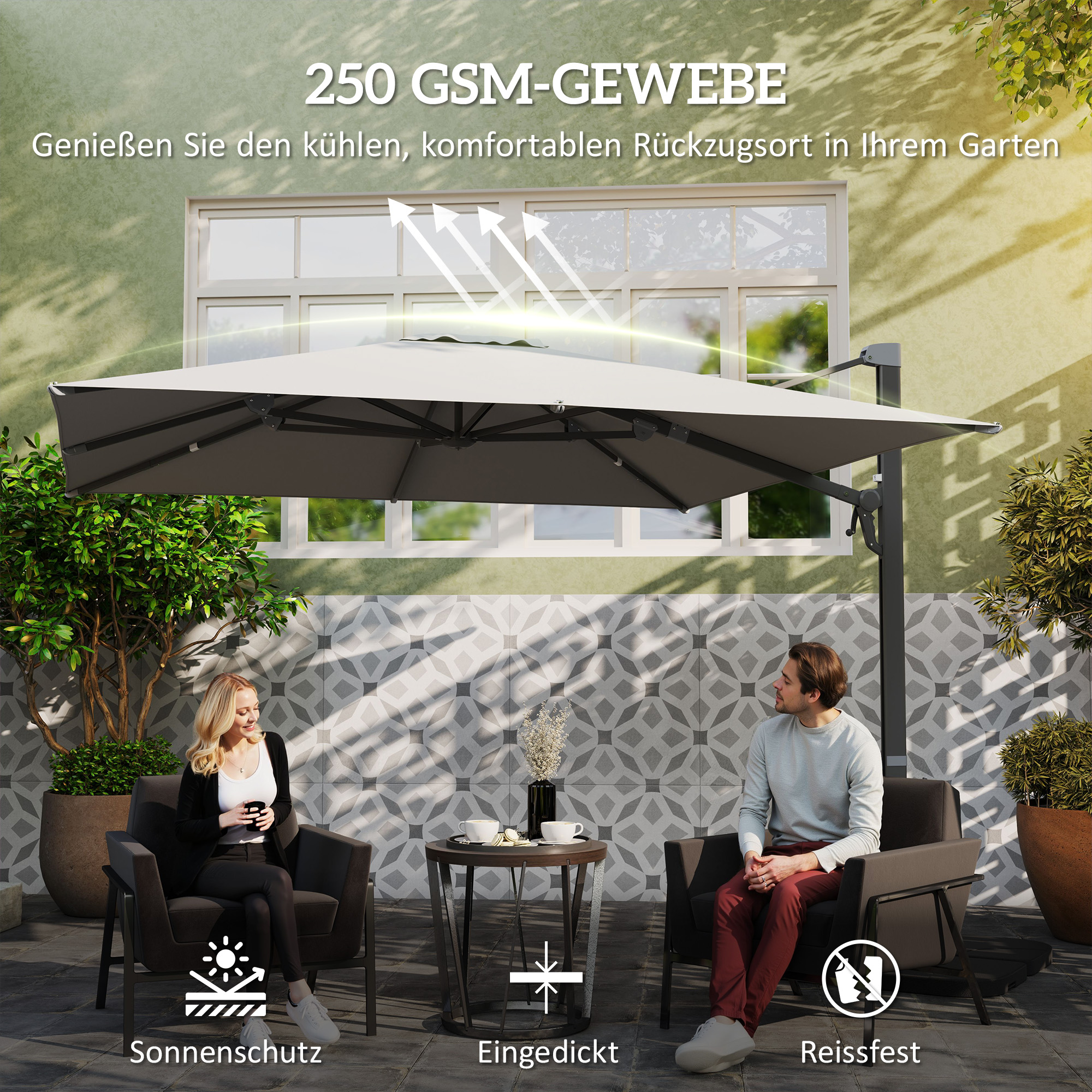 Alu Ampelschirm 3 x 3 m 360° drehbar Sonnenschirm mit Kurbel Ständer Windschutz Hellgrau