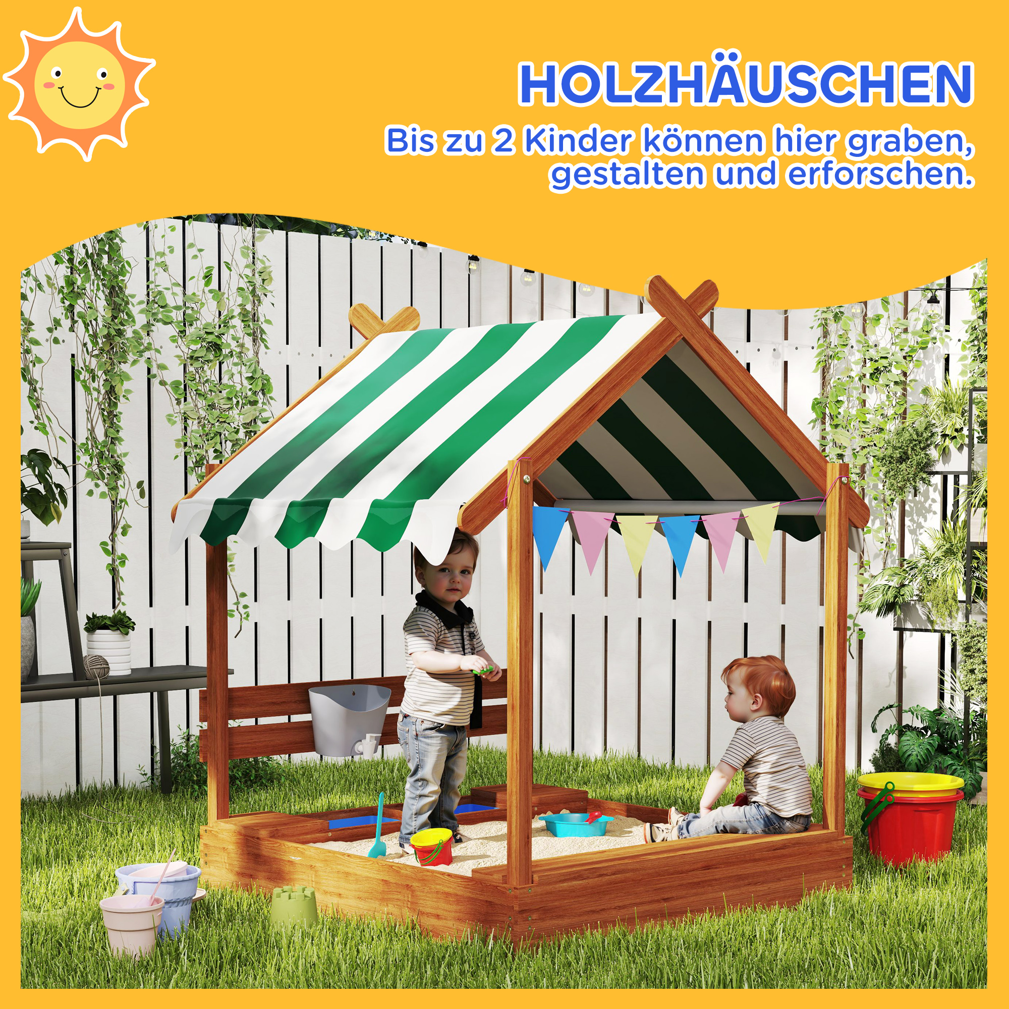 Sandkasten mit Sonnenschutz, Spielhaus-Design, mit Spielzeug-Set, behandeltes Massivholz, 124 x 116 x 146 cm, Grün