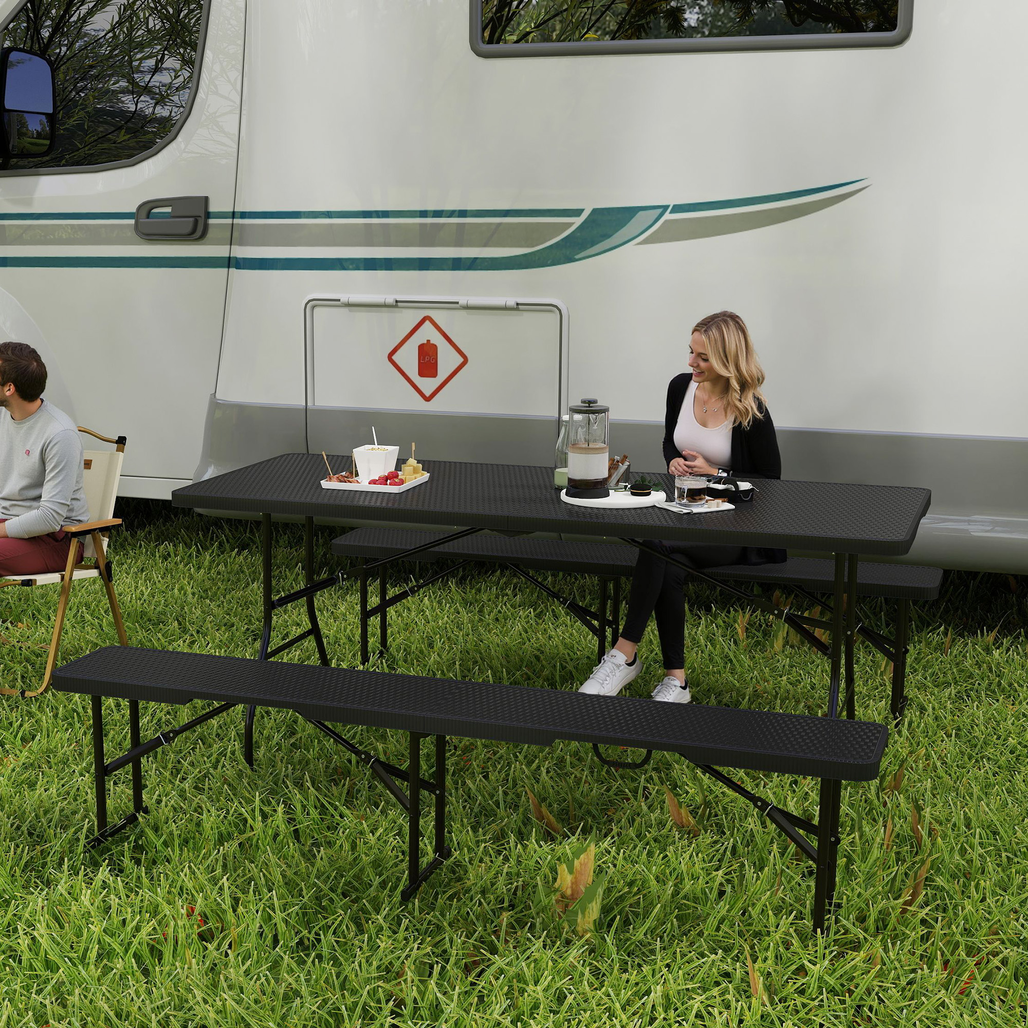 Picknicktisch und Bänke, 3-teiliges Set, faltbar, Kunststoff, Metall, Schwarz