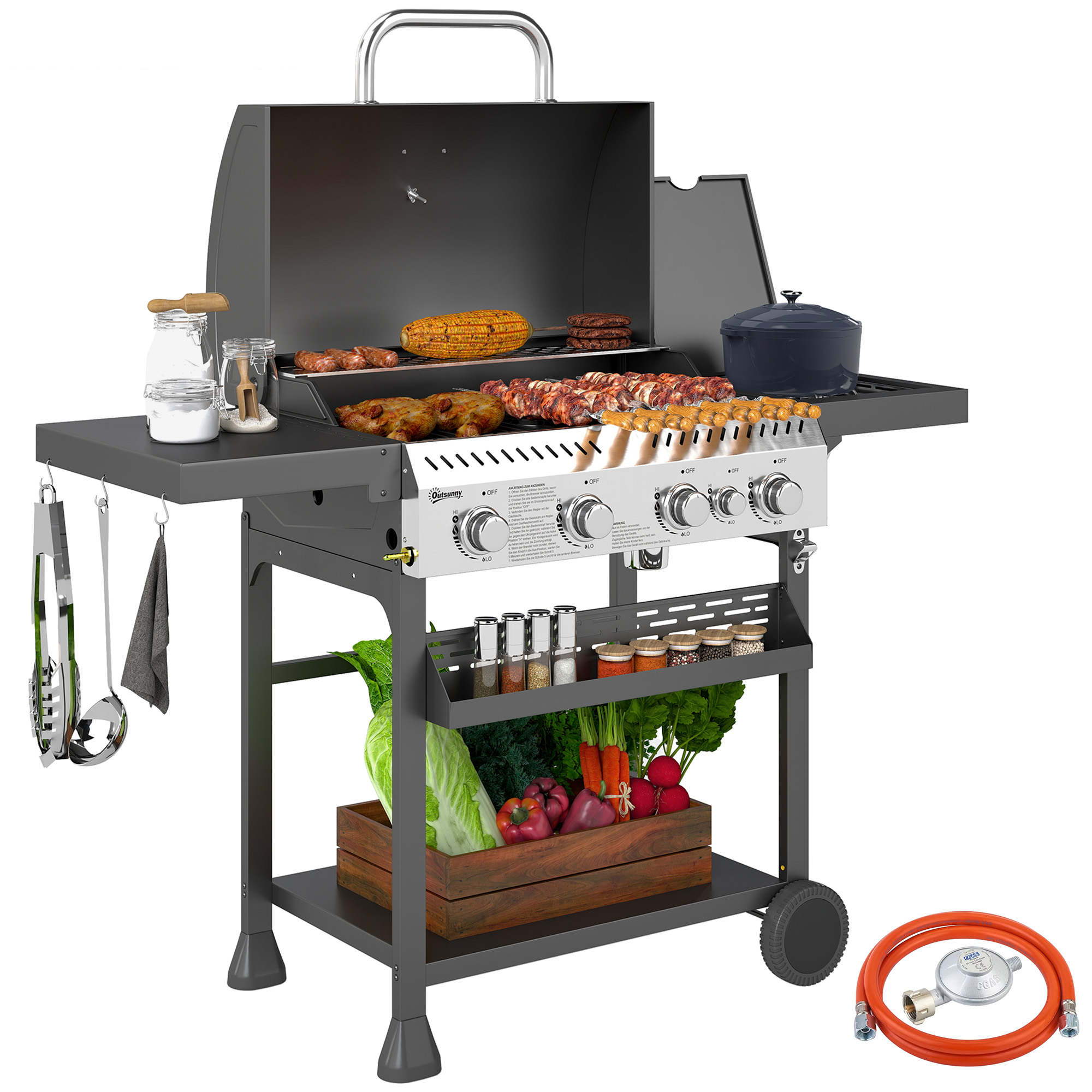 Gasgrill, BBQ-Grill, 4 Hauptbrenner, 1 Seitenkocher, 1 Warmhalteplatte; 135 x 55 x 103 cm, Schwarz