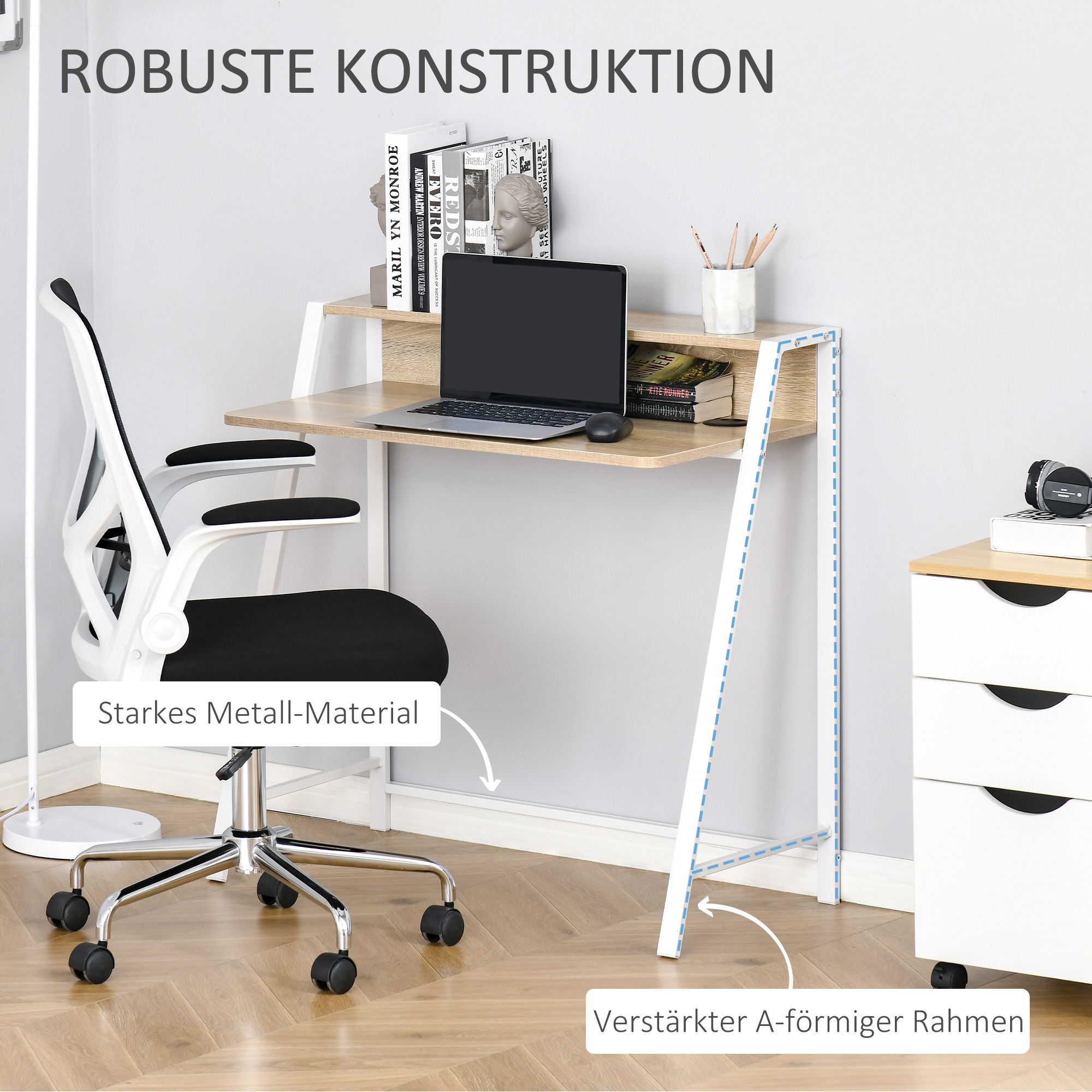 Schreibtisch, Computertisch mit Ablage und Kabel Management, moderner Schreibtisch mit Metallgestell für Arbeitszimmer, Schlafzimmer, Home Office, 84 x 45 x 85 cm, Weiß+Eiche