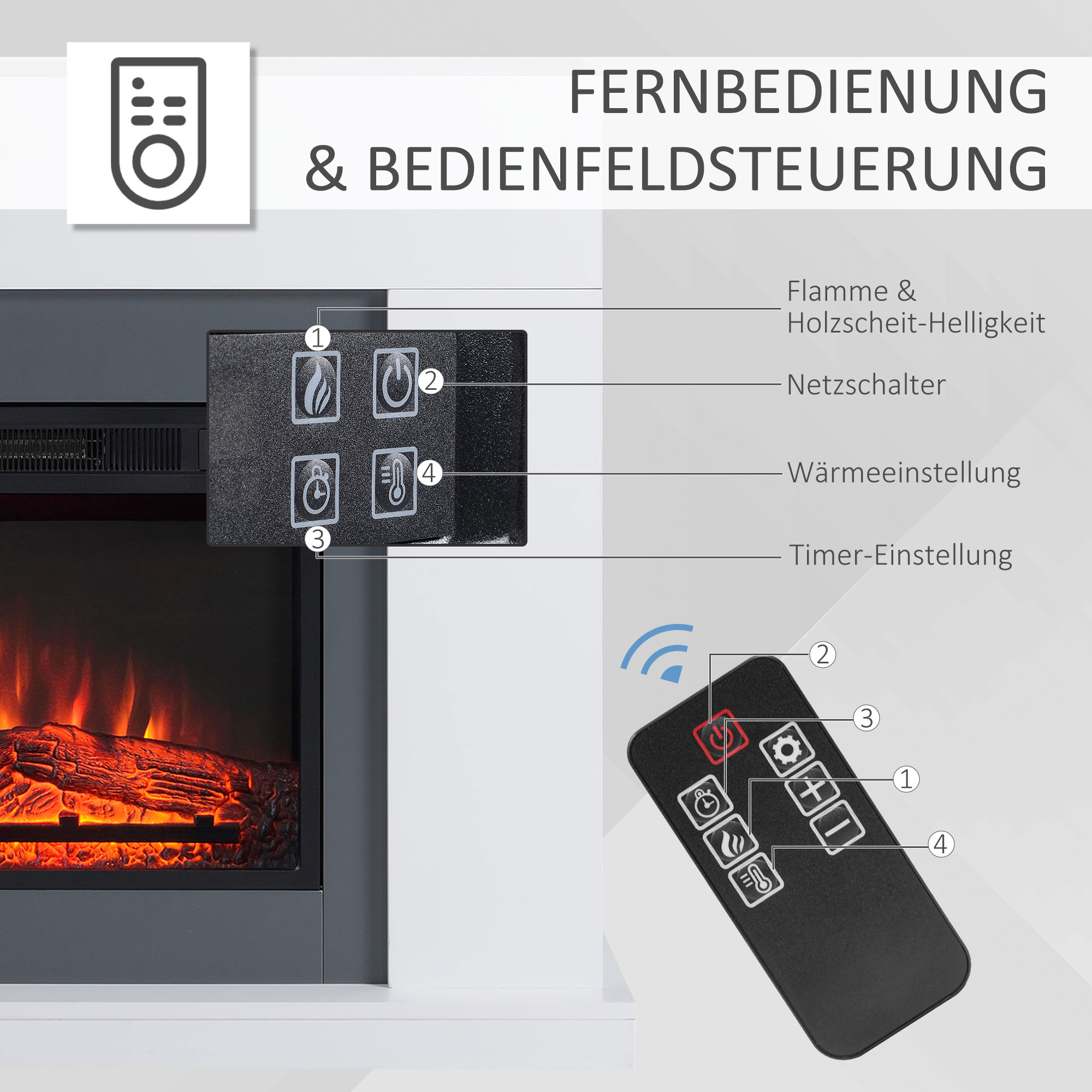 LED Elektrokamin Standkamin Kaminofen mit Flammeneffekt 1800/2000W Innenraumheizung mit Holzrahmen Dekokamin MDF Weiß 113 x 26,6 x 87,5 cm