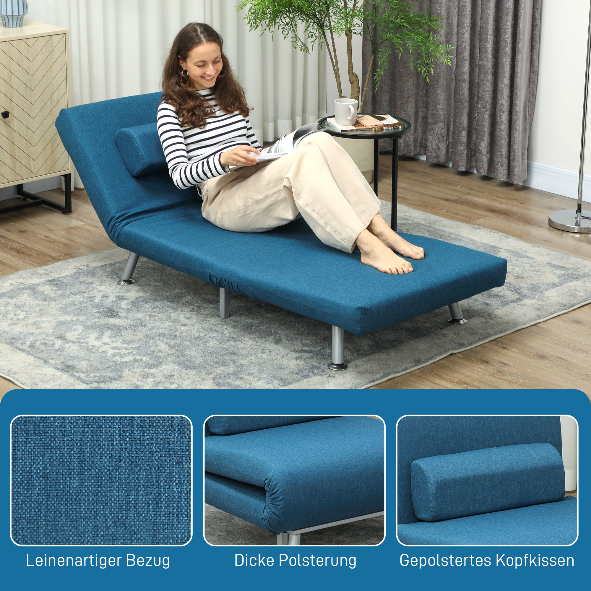 Klappsessel mit Bettfunktion, klappbarer Relaxsessel in Leinenoptik, Verstellbare Rückenlehne, 75 x 70 x 75 cm, Blau