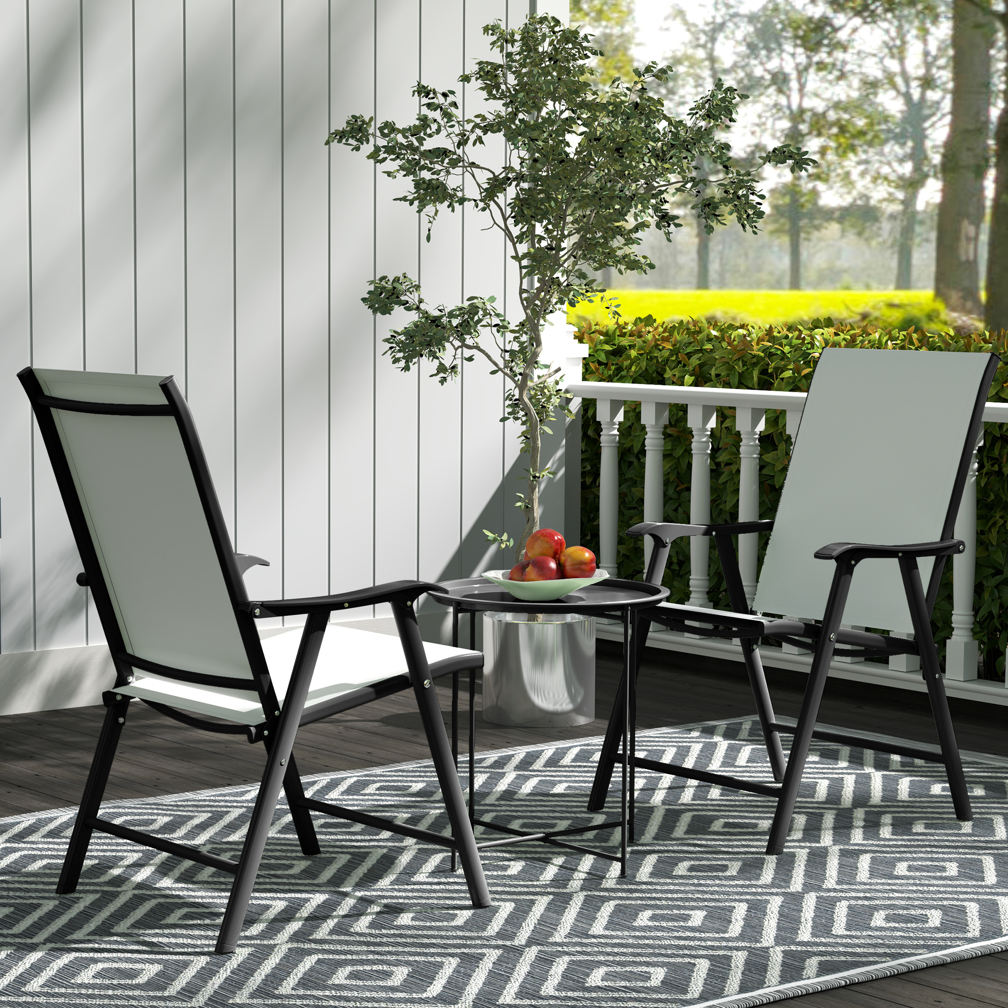 Gartentisch, runder Außen-Beistelltisch aus Stahl mit herausnehmbarem Tablett, faltbares Design, Terrassentisch, Schwarz