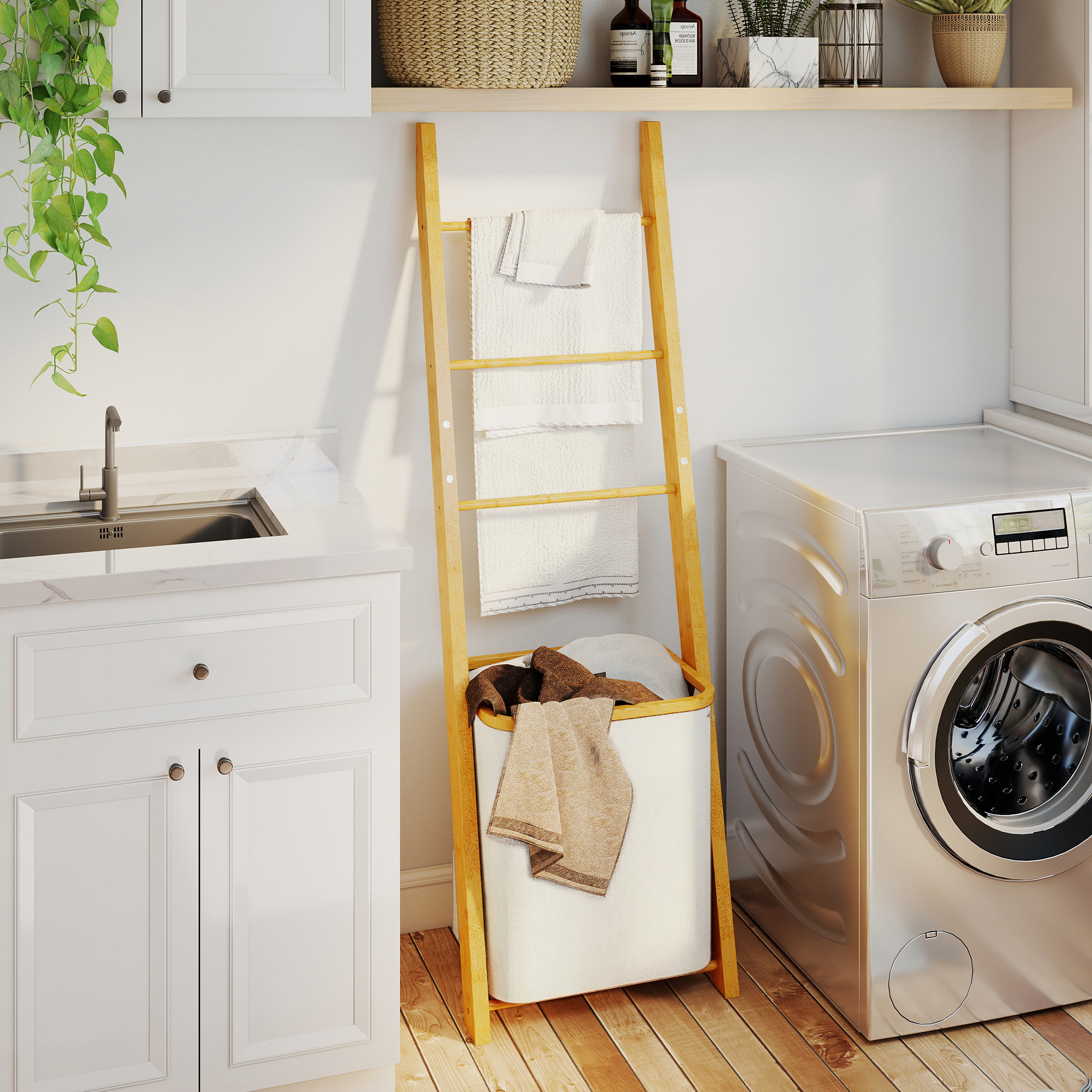 Badregal, 2-in-1 Badezimmerregal mit 3 Stangen, abnehmbarer 48L-Wäschekorb, Bambus, 43 x 35 x 133 cm, Cremeweiß