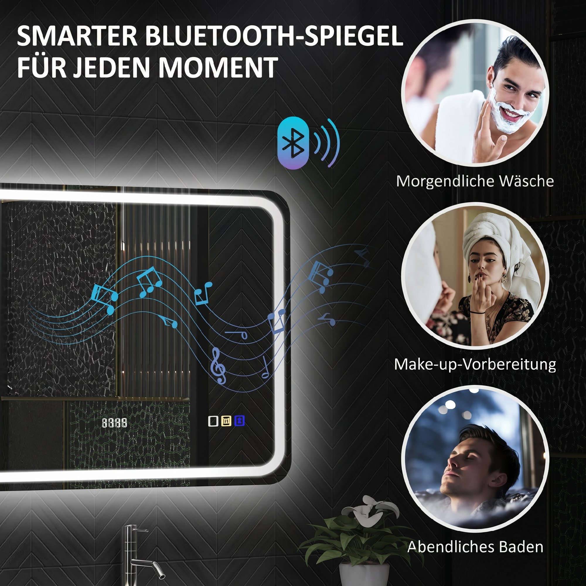 Badezimmerspiegel mit LED-Beleuchtung, Anti-Beschlags-Pad, 3 verstellbare Farben, Uhr, 600 x 800 mm, Silberfarben