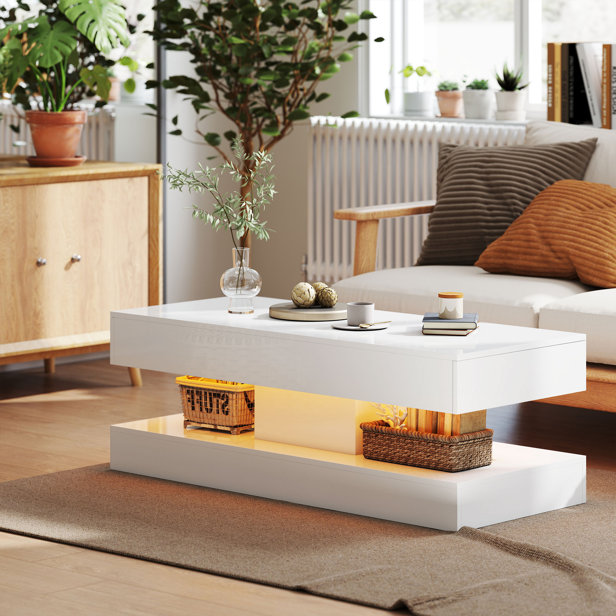 Wohnzimmertisch mit Schubladen und LED-Lichtern, moderner Sofatisch mit offener Ablage, Couchtisch, Spanplatte, Weiß