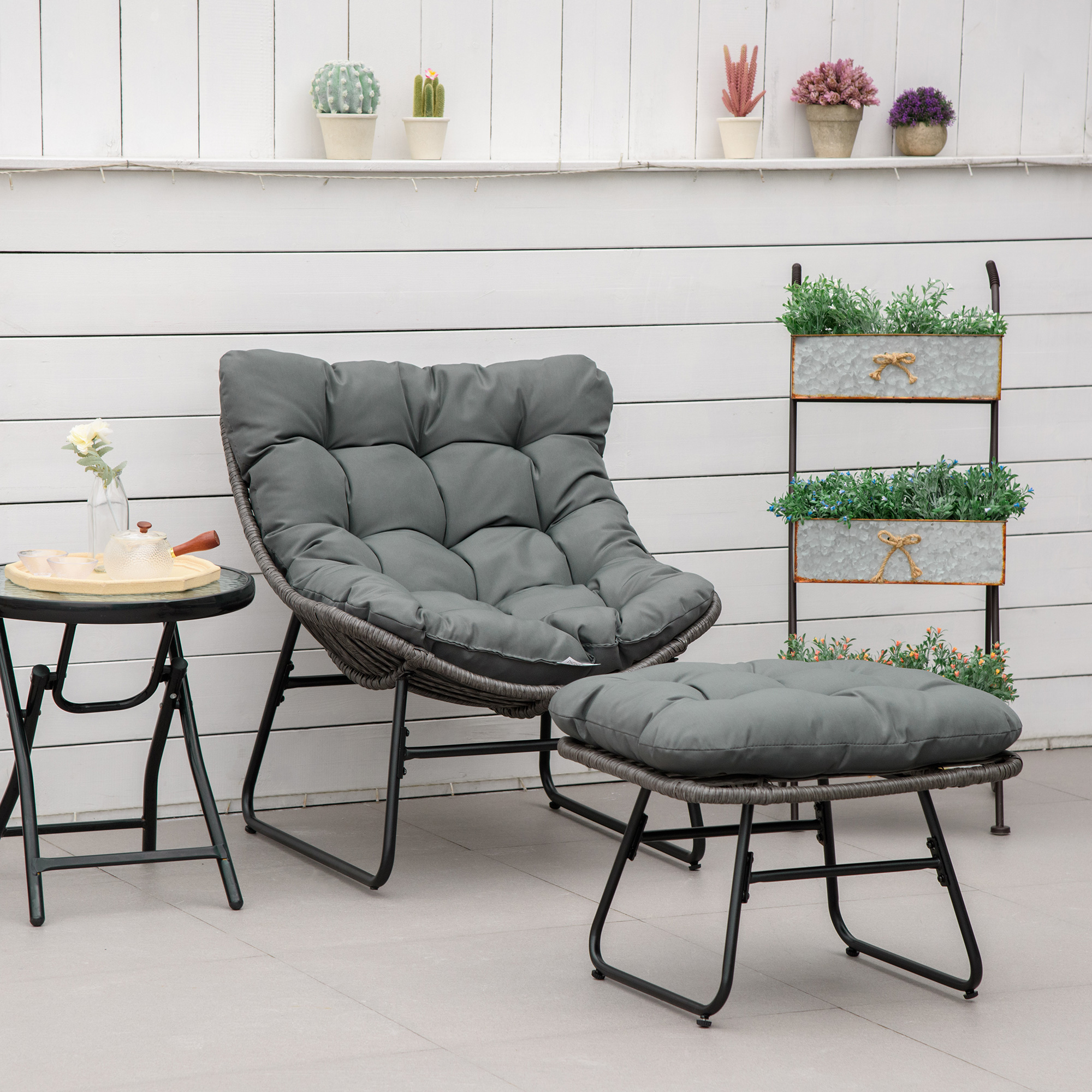 Rattan Relaxsessel mit Fußhocker, Gartensessel mit dicke Kissen Outdoor Rattanstuhl Gartenstuhl für Garten, Balkon, Terrasse Grau