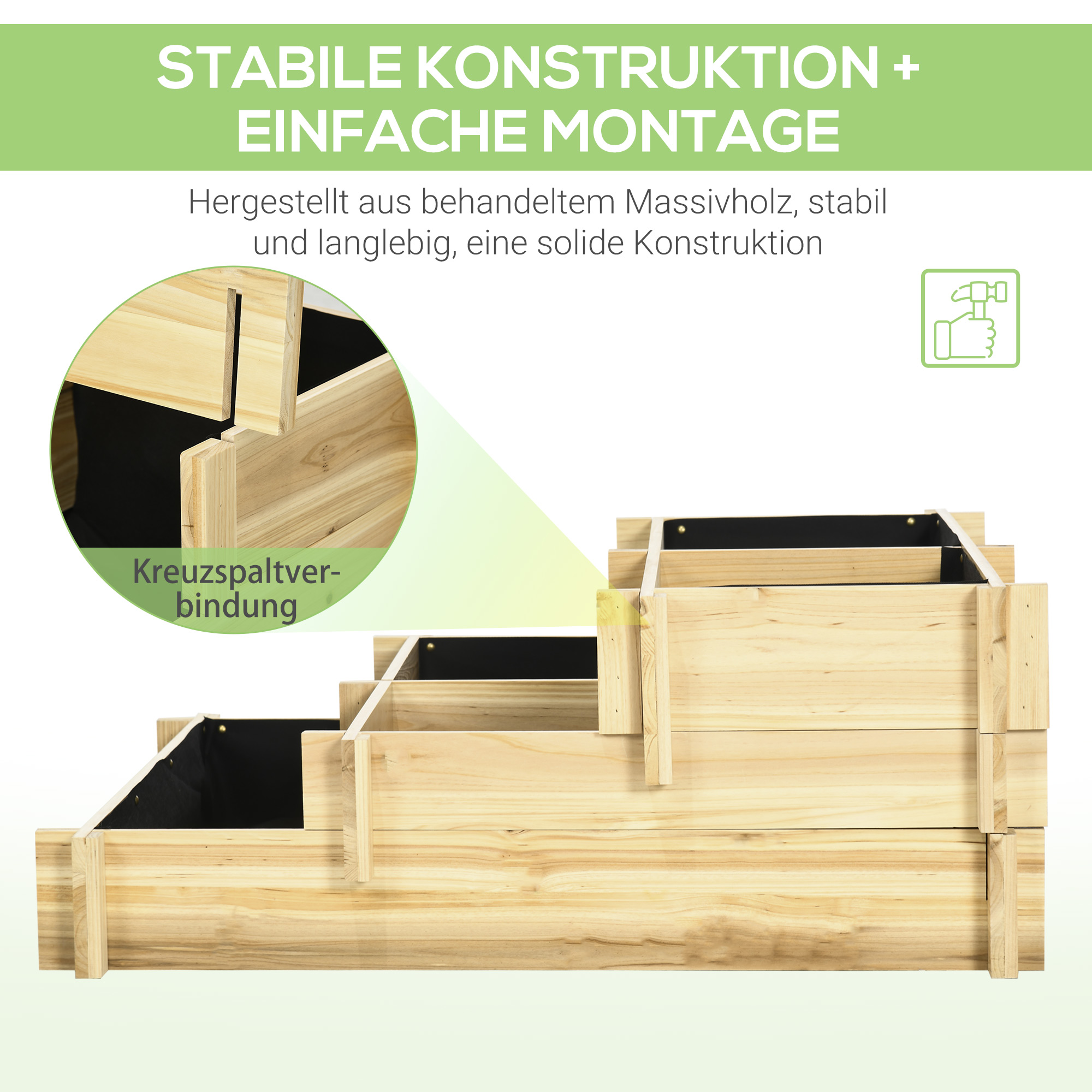 Hochbeet, Blumenkasten, 3-stufig, Drainageöffnung, Stoffauskleidung, Naturholz, 93 x 93 x 35 cm
