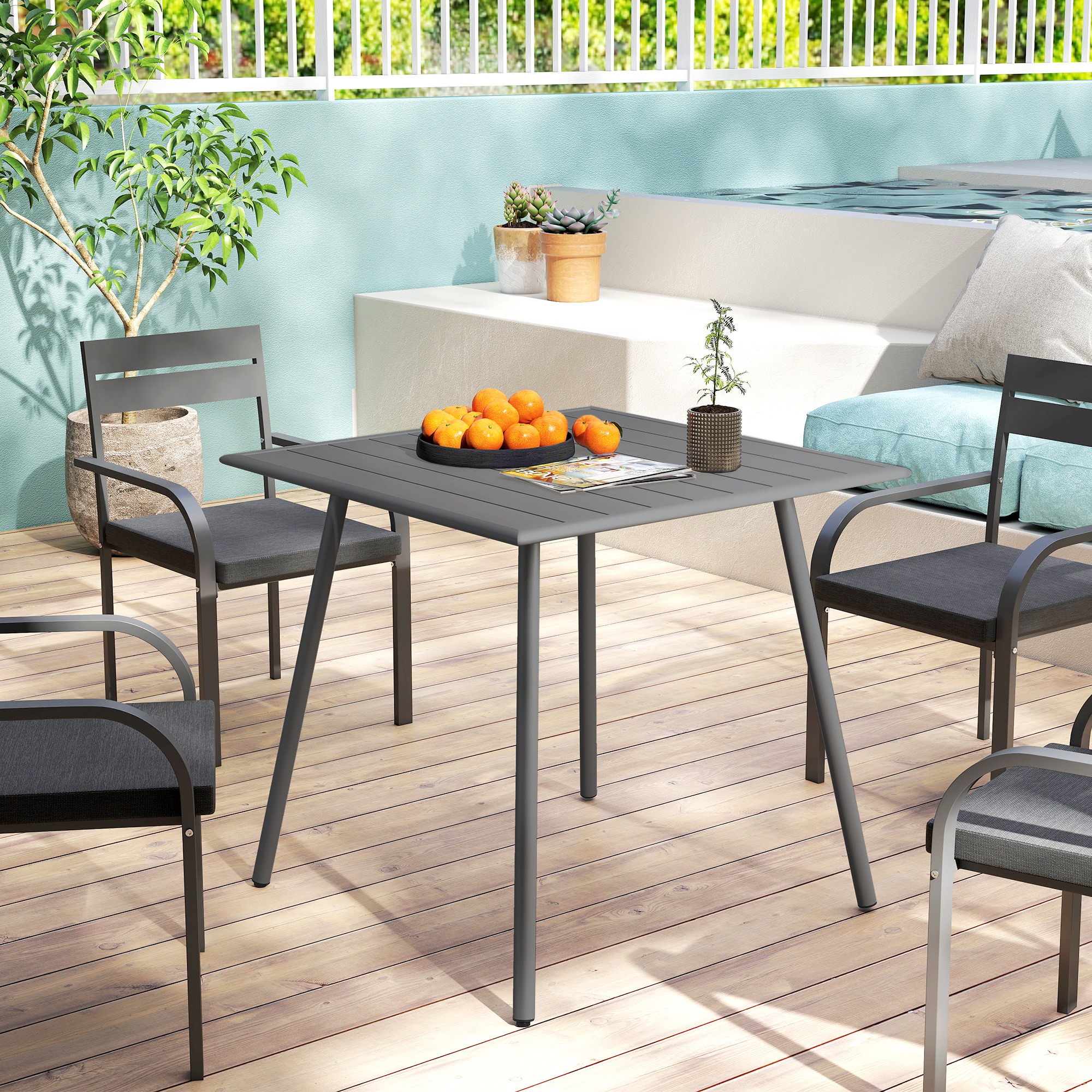 Gartentisch, Outdoor-Esstisch für 4 Personen, Stahlrahmen, leicht zu reinigen, rostbeständig, 80 x 80 x 74 cm, Grau