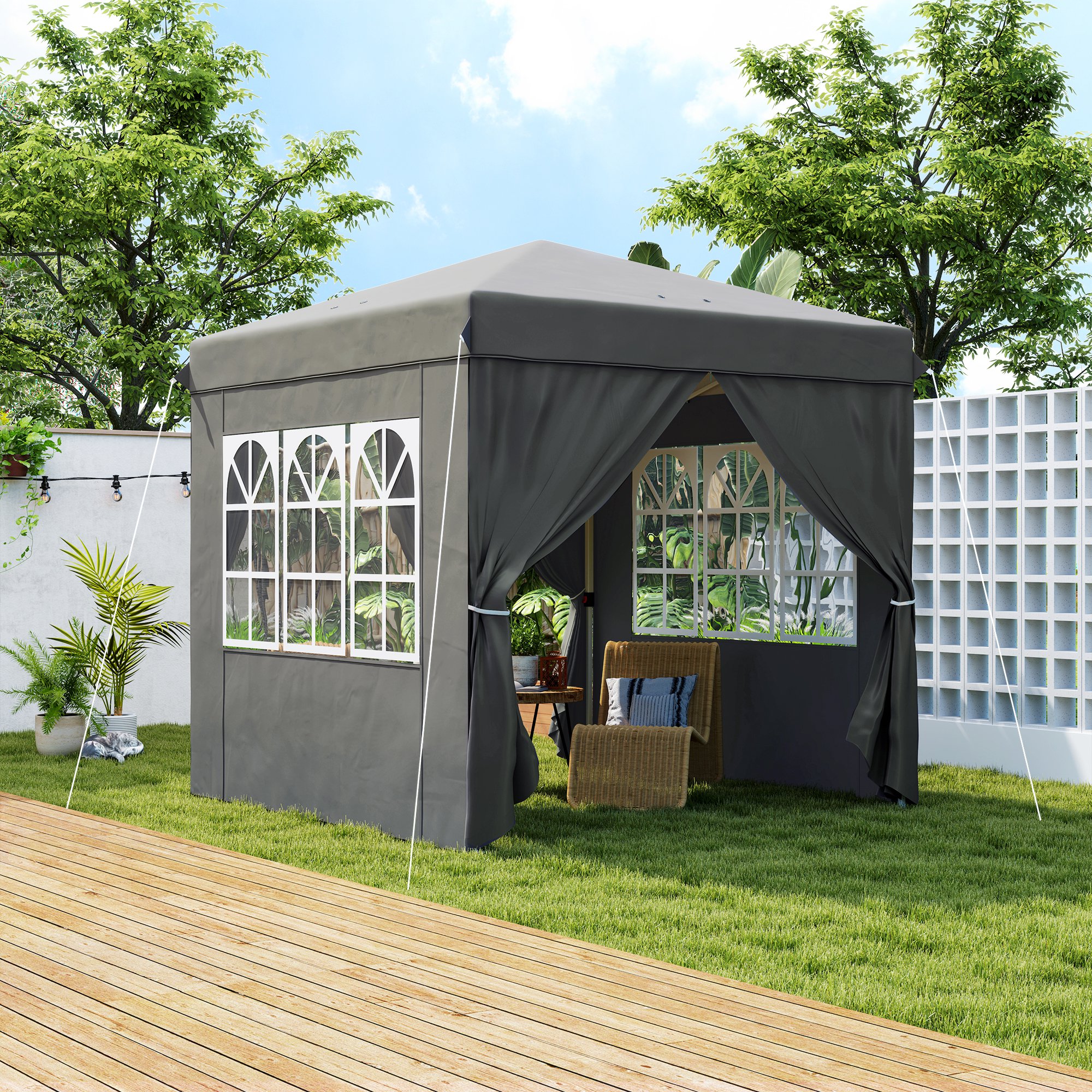 2,5 x 2,5 m Pop-up-Pavillon mit Seitenwänden und Transporttasche, UPF50+ höhenverstellbares Gartenzelt, Dunkelgrau
