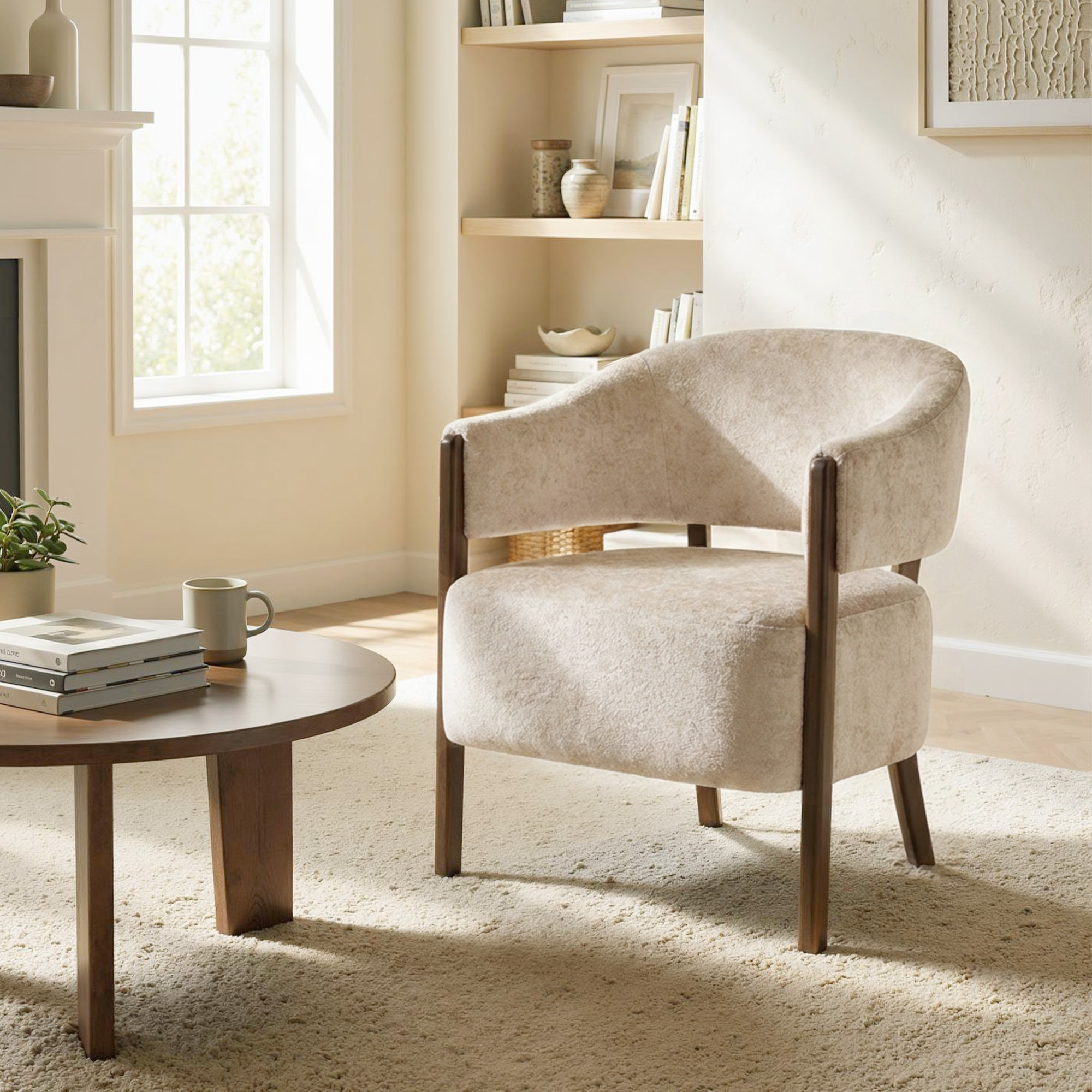 Akzentstuhl, Chenille-Polstersessel mit Massivholzrahmen und Beinen, Beige