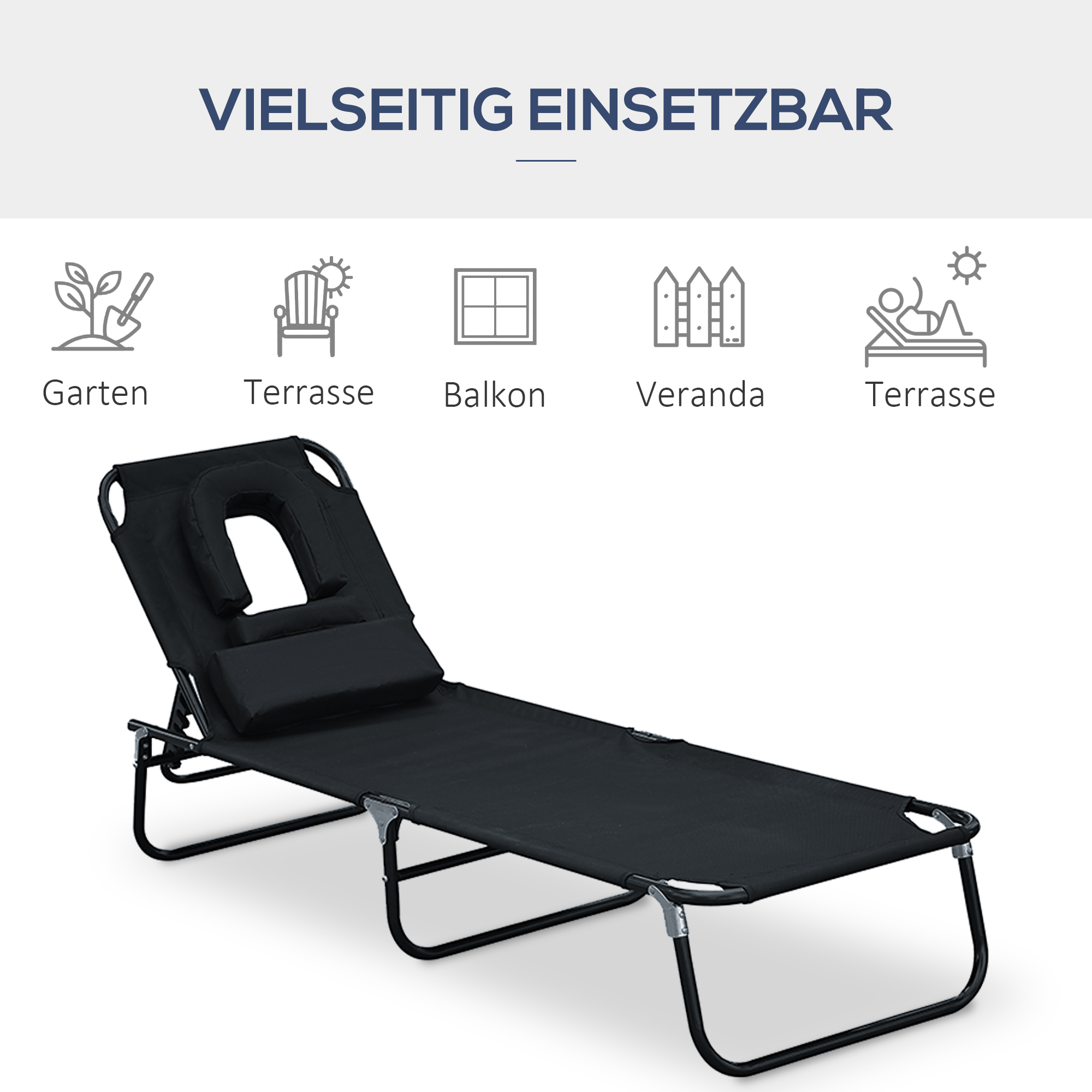 Sonnenliege klappbar Gartenliege mit Kopfkissen Liegestuhl mit 4-Fach verstellbare Rückenlehne Campingliege mit Lesefenster Gartenstuhl bis 120kg belastbar für Garten, Balkon Schwarz