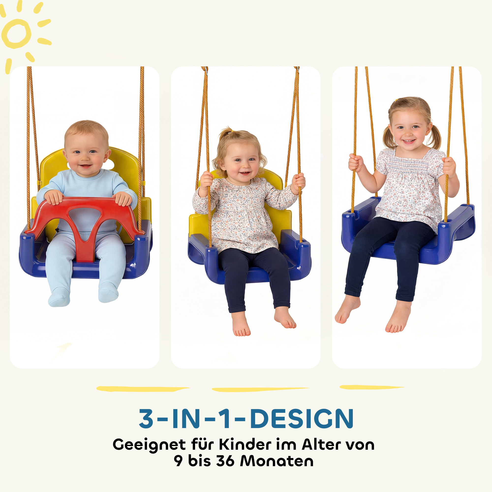 Babyschaukel 3 in 1 verstellbar Kinderschaukel mit Rückenlehne, Anschnallgurt, für Kinder von 9-36 Monaten, Dunkelblau